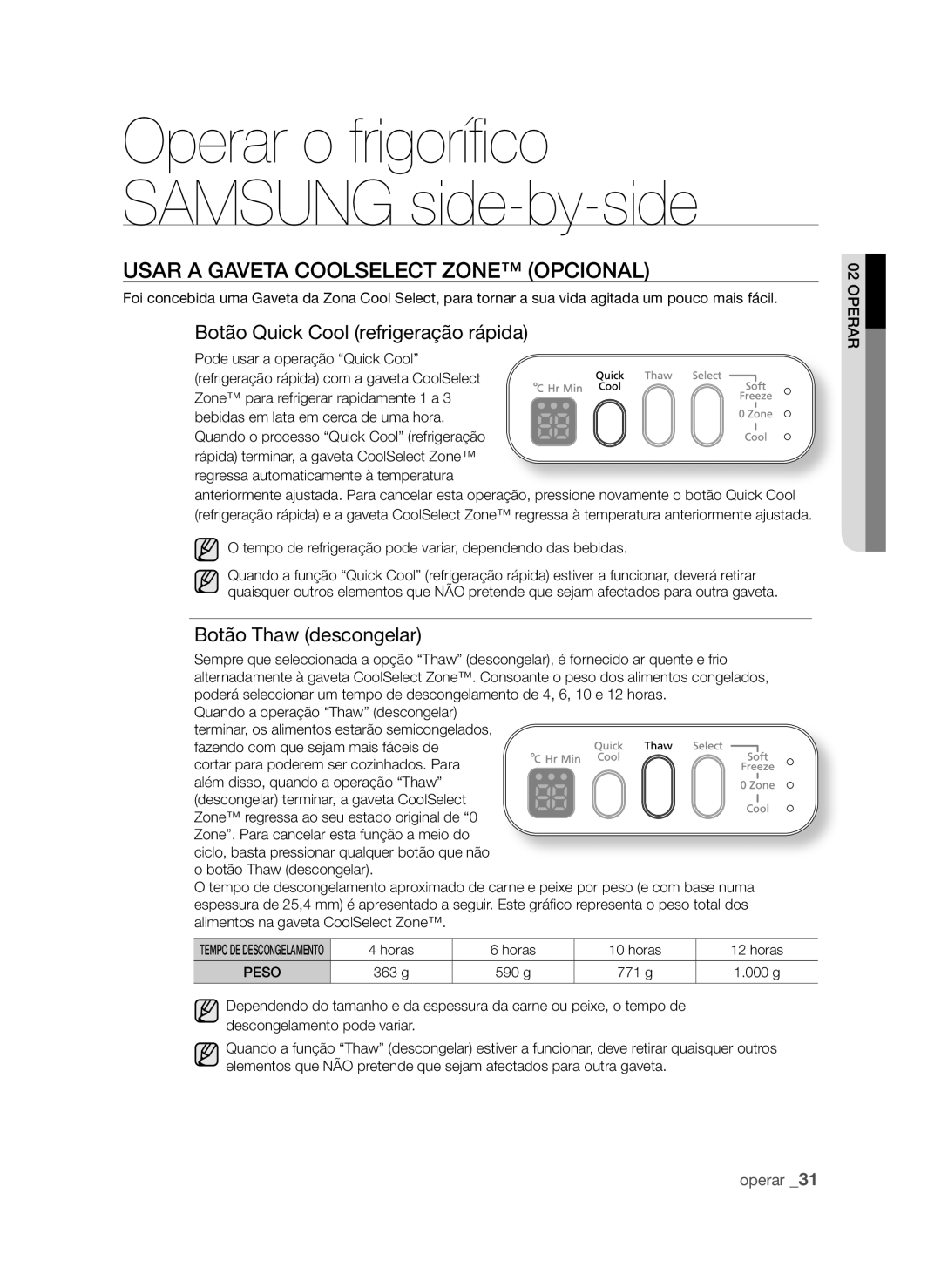 Samsung RSH1FTSW1/XES Usar a Gaveta Coolselect Zone Opcional, Botão Quick Cool refrigeração rápida, Botão Thaw descongelar 