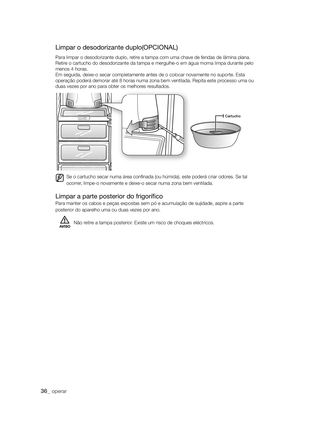 Samsung RSH1FTPE1/XEP, RSH1UBRS1/XES manual Limpar o desodorizante duploOPCIONAL, Limpar a parte posterior do frigorífico 