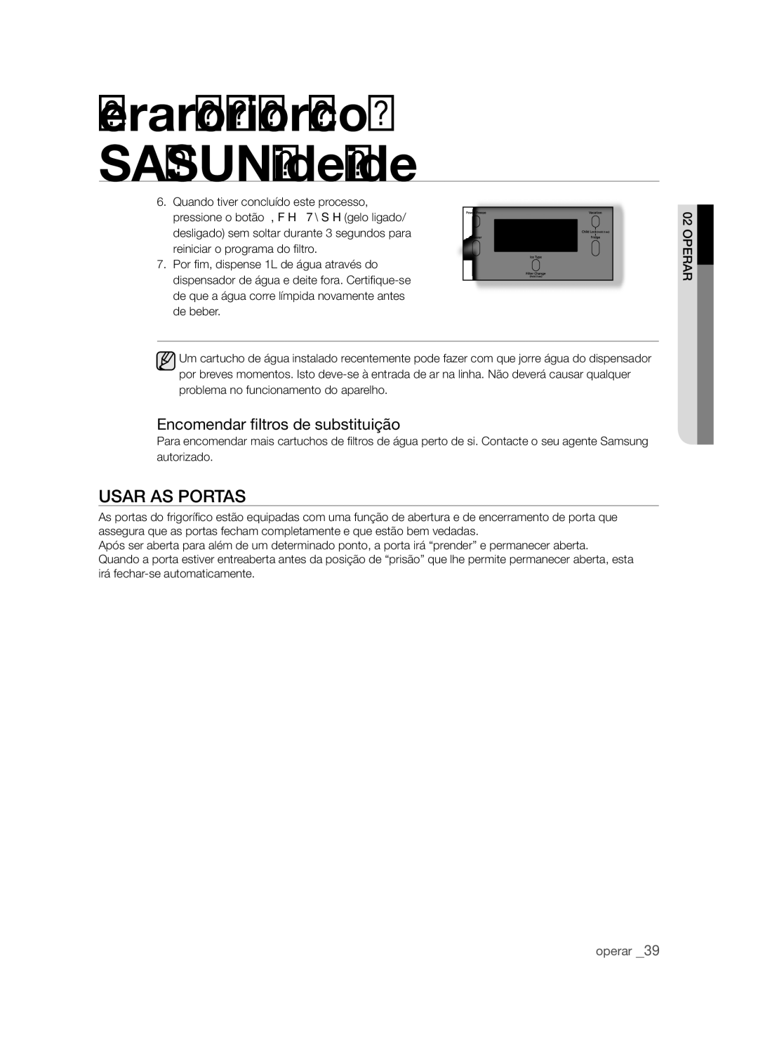 Samsung RSH1NBIS1/XES manual Usar AS Portas, Encomendar filtros de substituição, Problema no funcionamento do aparelho 