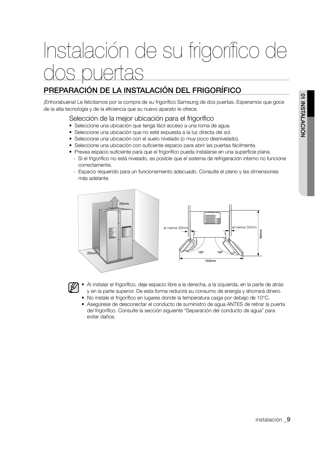 Samsung RSH1PTPE1/XEP Preparación DE LA Instalación DEL Frigorífico, Selección de la mejor ubicación para el frigorífico 