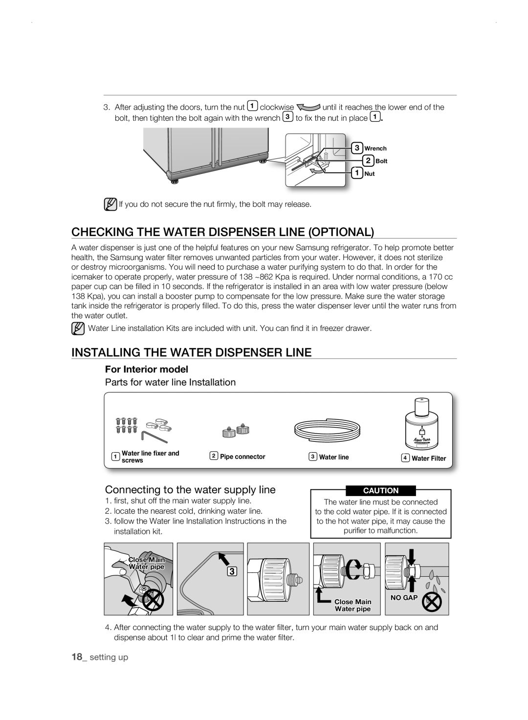 Samsung RSH3D, RSH3N, RSH3F, RSH3K user manual CHECKing tHE watEr DisPEnsEr LinE oPtionaL, InstaLLing tHE watEr DisPEnsEr LinE 