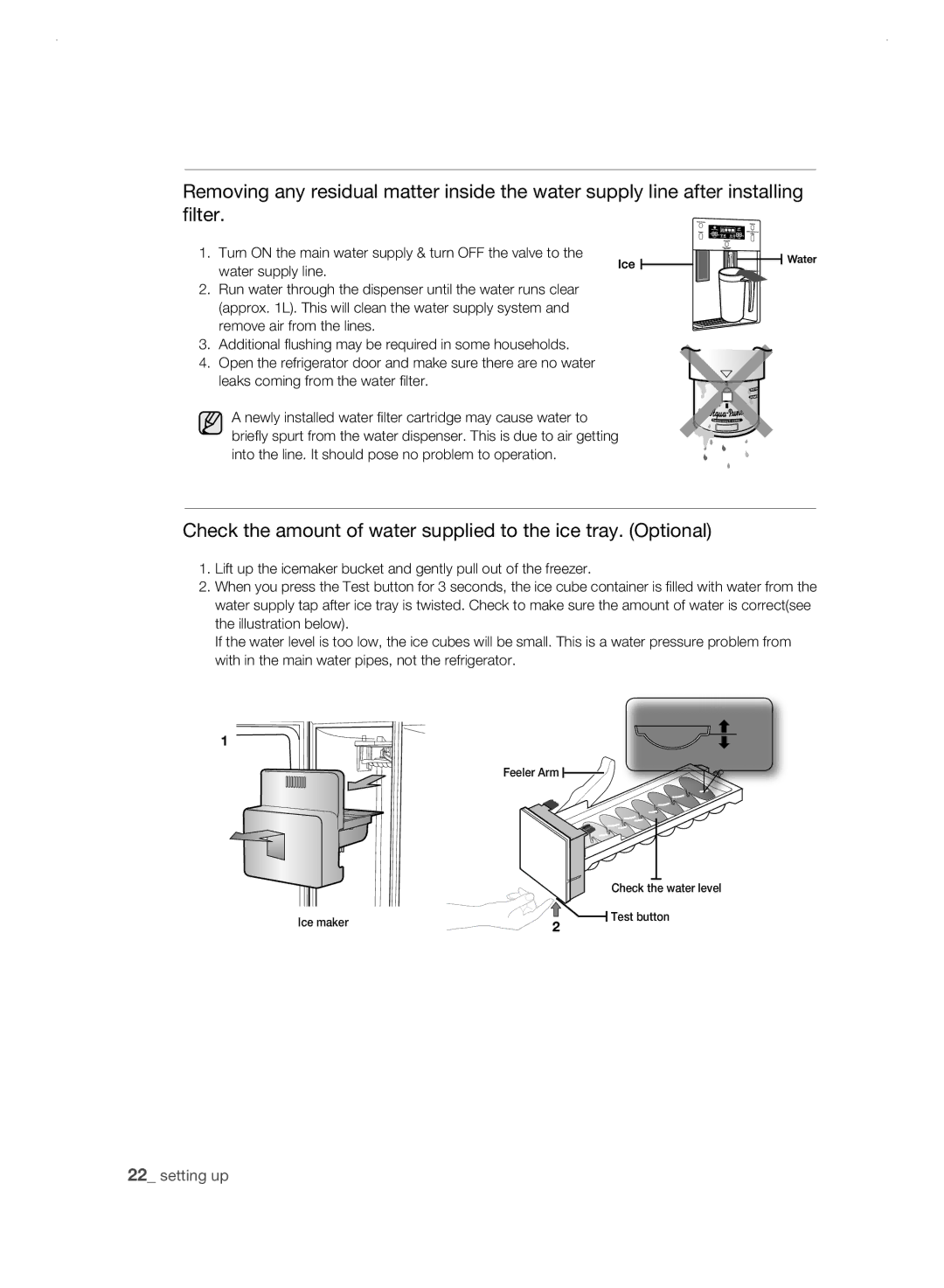 Samsung RSH3D, RSH3N, RSH3F, RSH3K user manual Check the amount of water supplied to the ice tray. Optional 