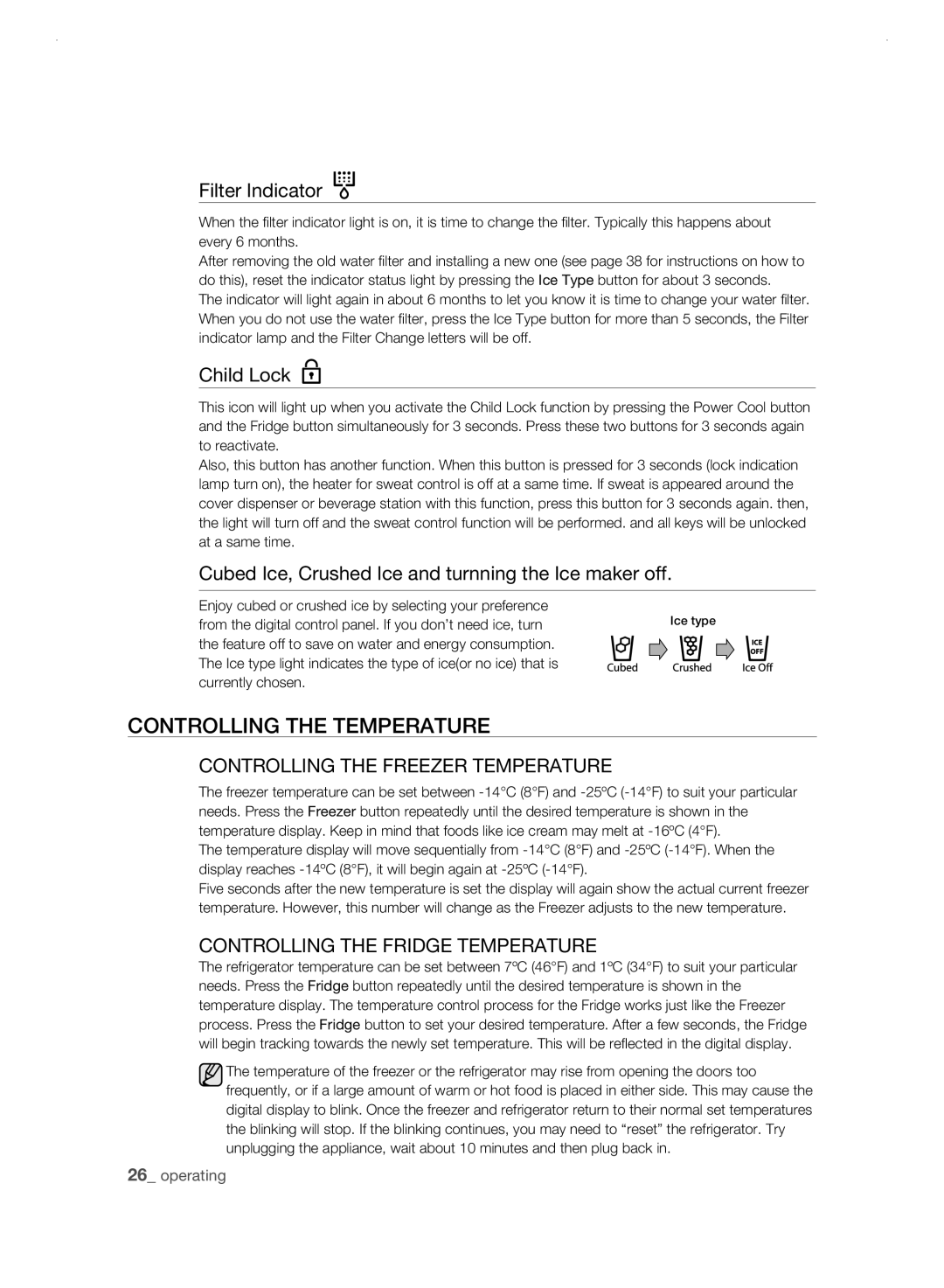 Samsung RSH3D, RSH3N, RSH3F, RSH3K user manual ControLLing tHE tEMPEraturE 