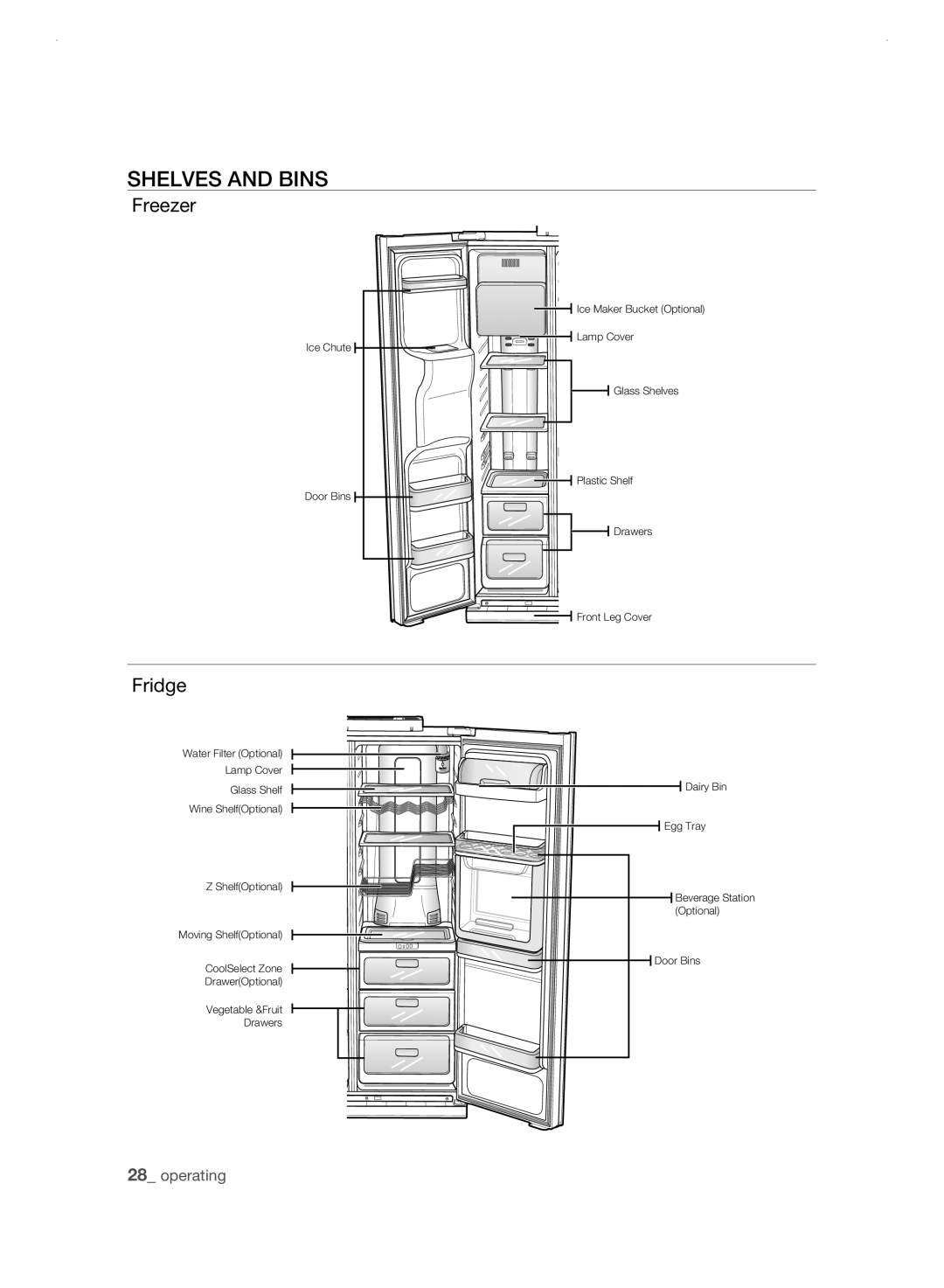 Samsung RSH3N, RSH3F, RSH3D, RSH3K user manual SHELVEs anD Bins, Freezer, Fridge 