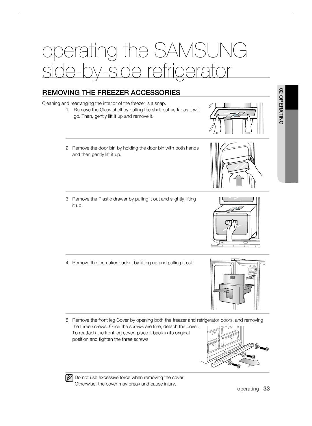 Samsung RSH3F, RSH3N, RSH3D, RSH3K user manual REMoVing tHE frEEZEr aCCEssoriEs 