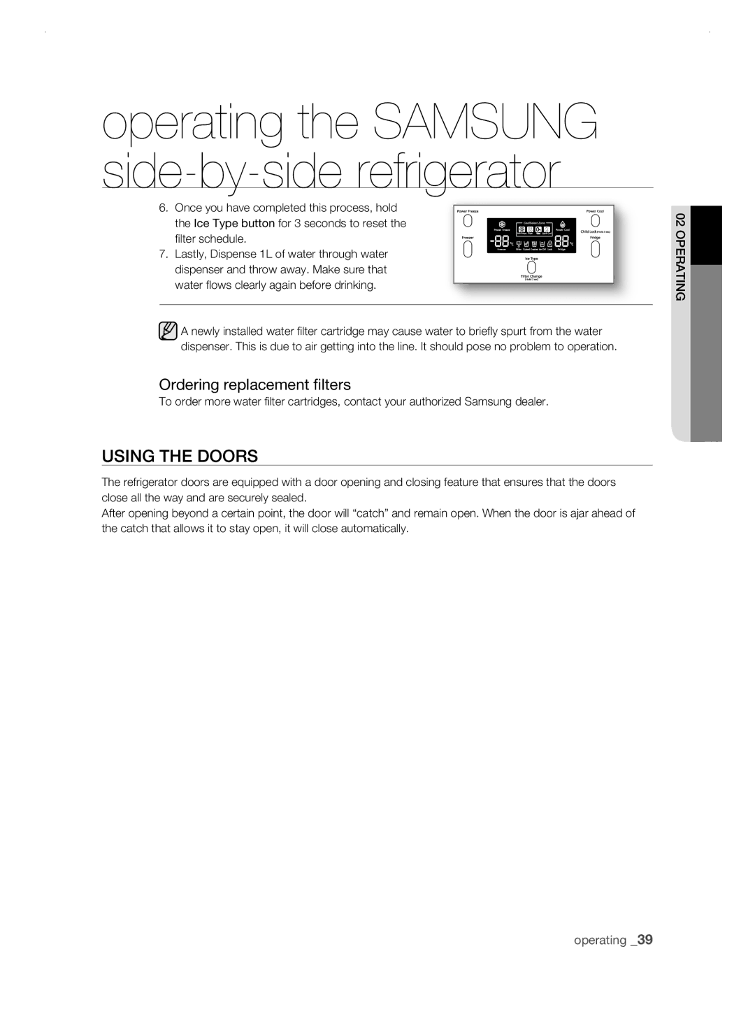 Samsung RSH3K, RSH3N, RSH3F, RSH3D user manual Using tHE Doors, Ordering replacement filters 