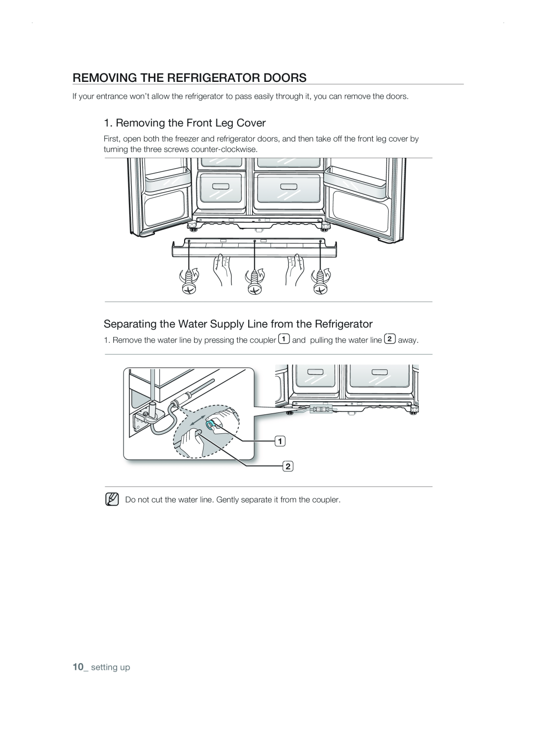 Samsung RSH3D, RSH3N, RSH3F, RSH3K user manual rEMoVing tHE rEfrigErator Doors, Removing the Front Leg Cover, setting up 