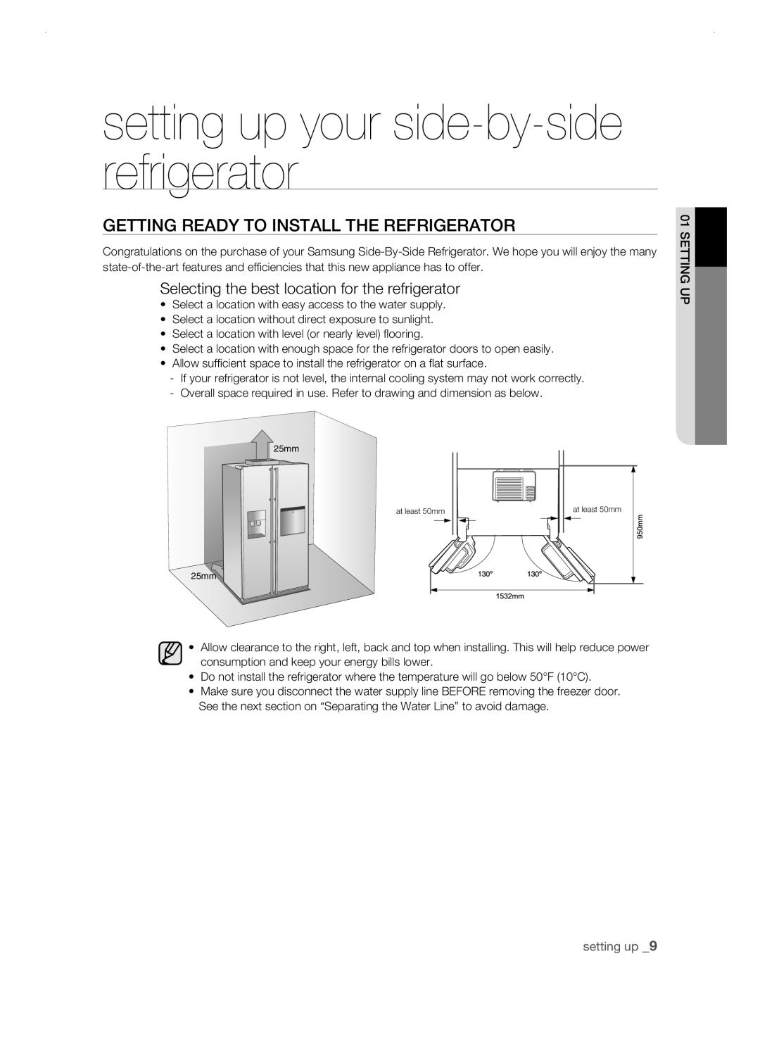 Samsung RSH3F, RSH3N setting up your side-by-side refrigerator, gEtting rEaDy to instaLL tHE rEfrigErator, setting up  