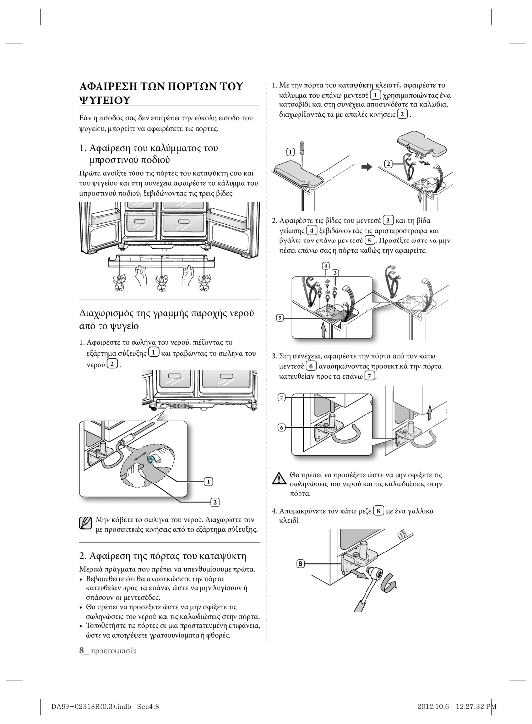 Samsung RSH5PTPN1/EUR, RSH5PTTS1/EUR manual Αφαιρεση ΤΩΝ Πορτων ΤΟΥ Ψυγειου, Αφαίρεση του καλύμματος του μπροστινού ποδιού 