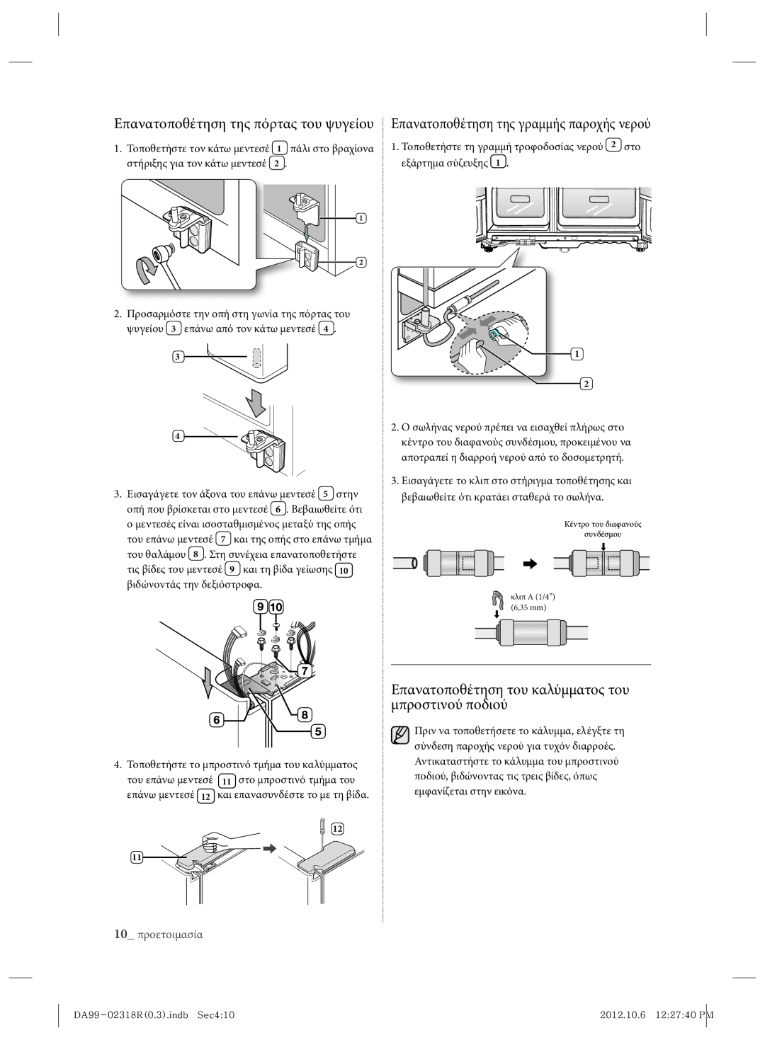 Samsung RSH5PTPN1/EUR manual Επανατοποθέτηση της πόρτας του ψυγείου, Επανατοποθέτηση του καλύμματος του μπροστινού ποδιού 