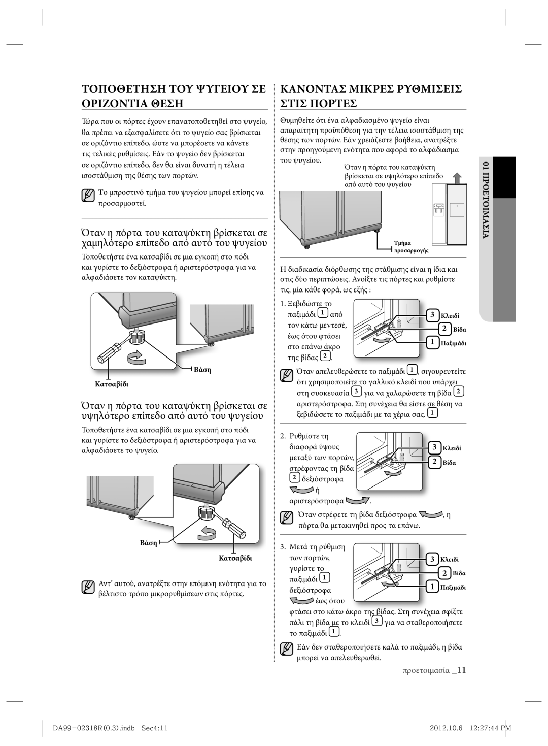 Samsung RSH5PTTS1/EUR, RSH5PTPN1/EUR manual Τοποθετηση ΤΟΥ Ψυγειου ΣΕ Οριζοντια Θεση, Κανοντασ Μικρεσ Ρυθμισεισ Στισ Πορτεσ 