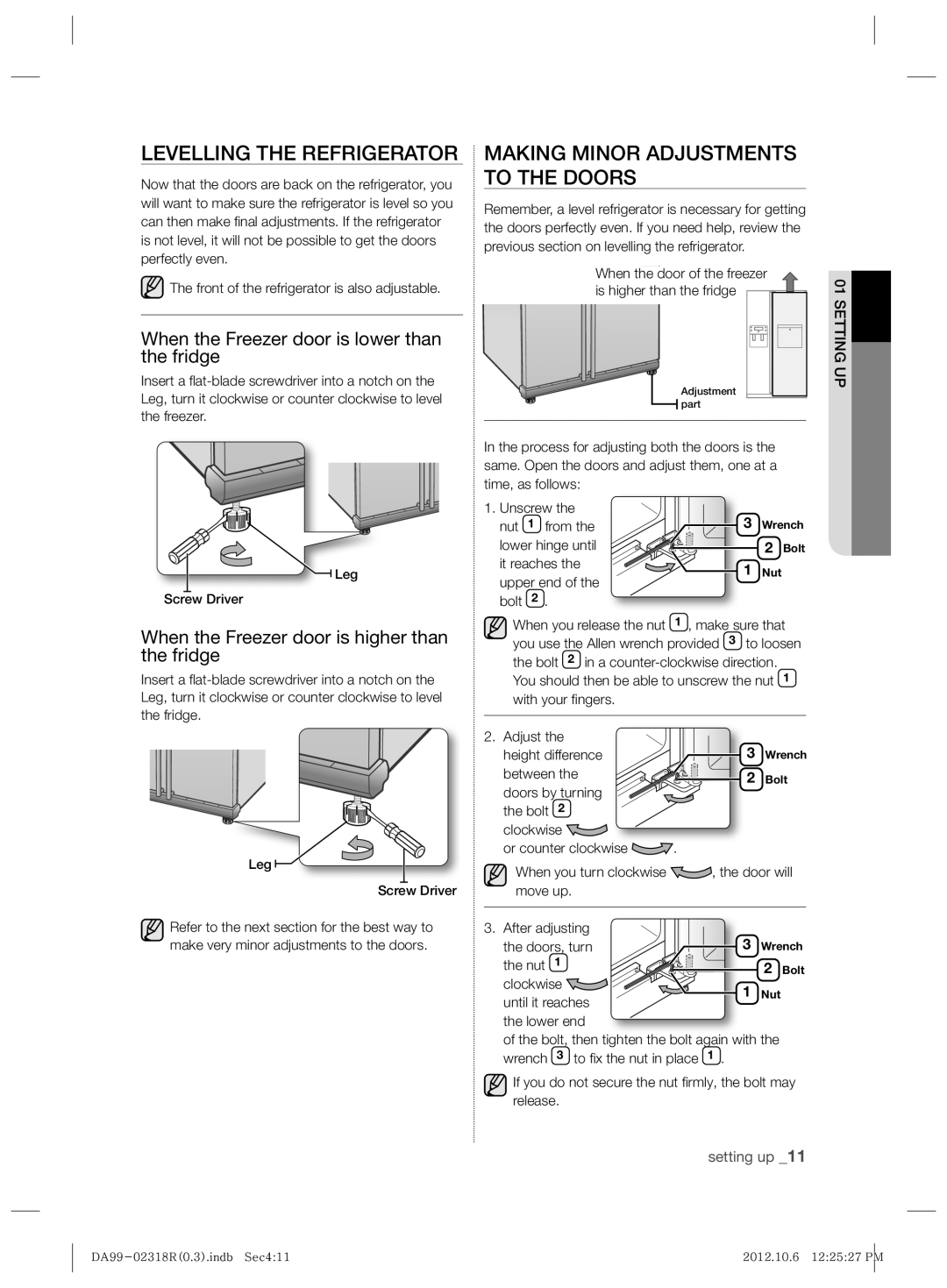 Samsung RSH5PTTS1/EUR, RSH5PTPN1/EUR manual Levelling the Refrigerator, Making Minor Adjustments to the Doors 