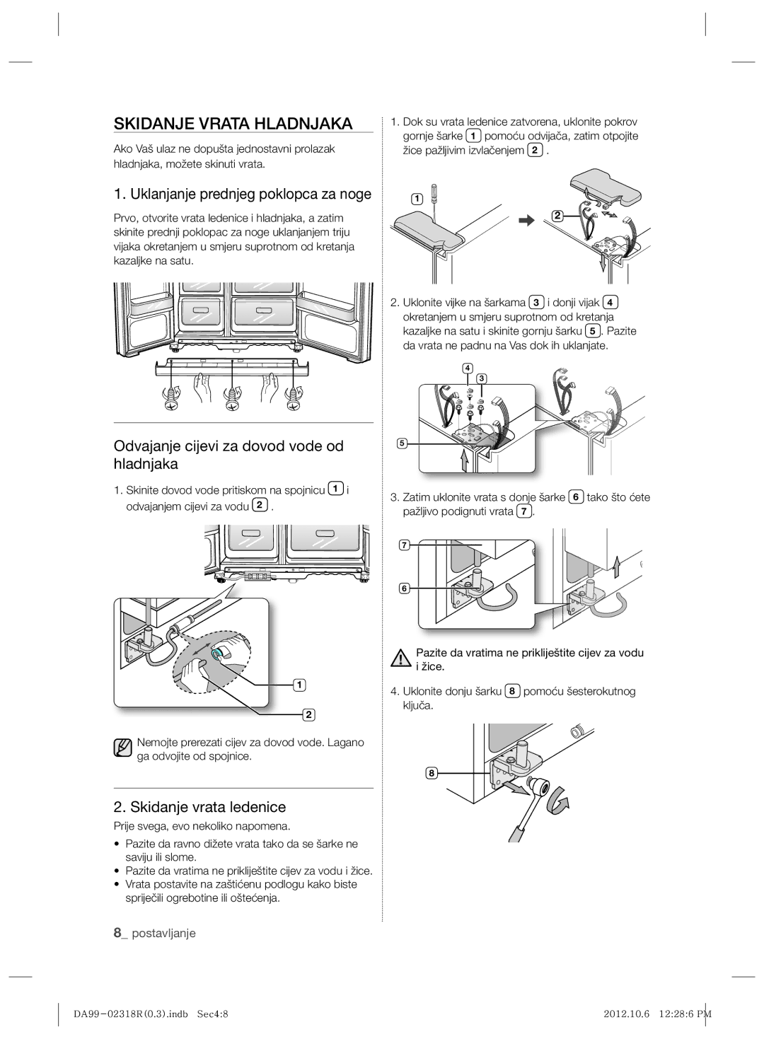 Samsung RSH5PTPN1/EUR manual Skidanje Vrata Hladnjaka, Uklanjanje prednjeg poklopca za noge, Skidanje vrata ledenice 