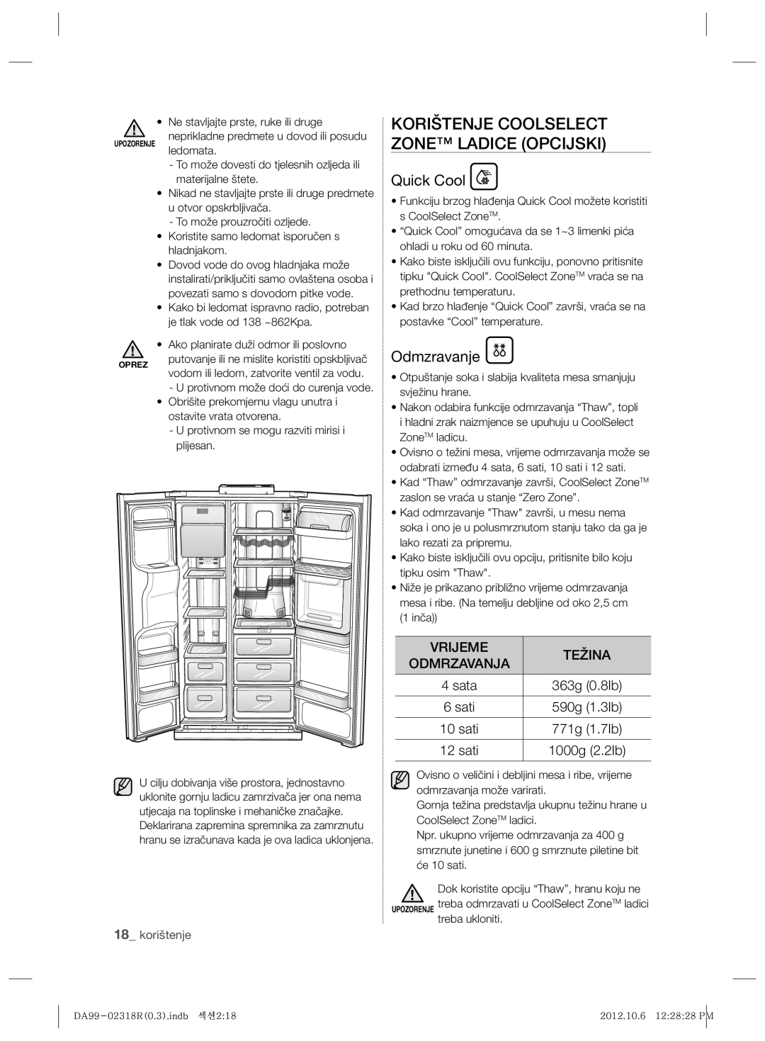 Samsung RSH5PTPN1/EUR, RSH5PTTS1/EUR Korištenje Coolselect Zone Ladice Opcijski, Odmzravanje, Vrijeme Težina Odmrzavanja 