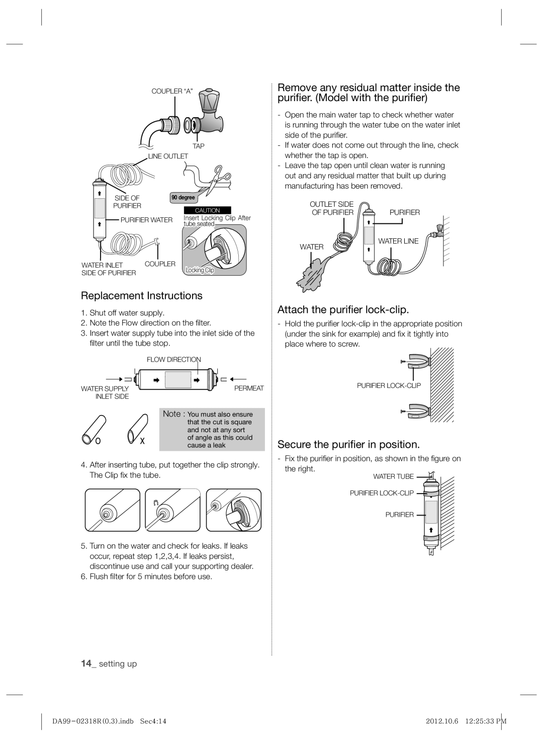 Samsung RSH5PTPN1/EUR manual Replacement Instructions, Attach the puriﬁer lock-clip, Secure the puriﬁer in position 