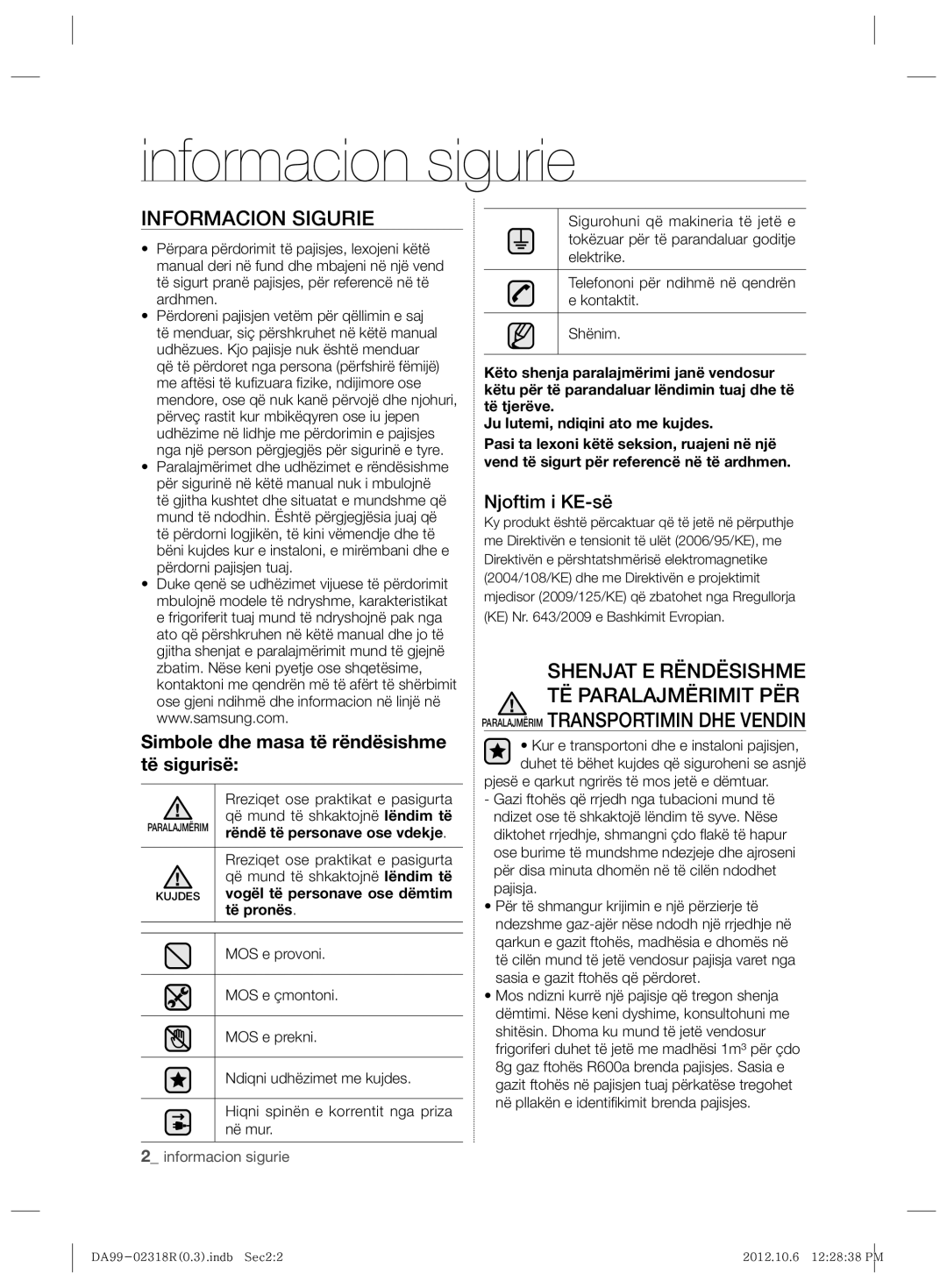 Samsung RSH5PTPN1/EUR, RSH5PTTS1/EUR Informacion sigurie, Informacion Sigurie, Simbole dhe masa të rëndësishme të sigurisë 