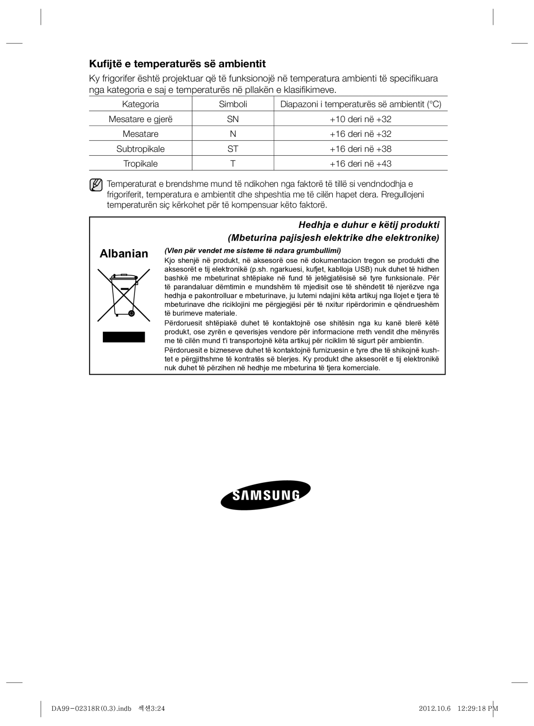 Samsung RSH5PTPN1/EUR, RSH5PTTS1/EUR manual Kuﬁjtë e temperaturës së ambientit, Mesatare e gjerë 