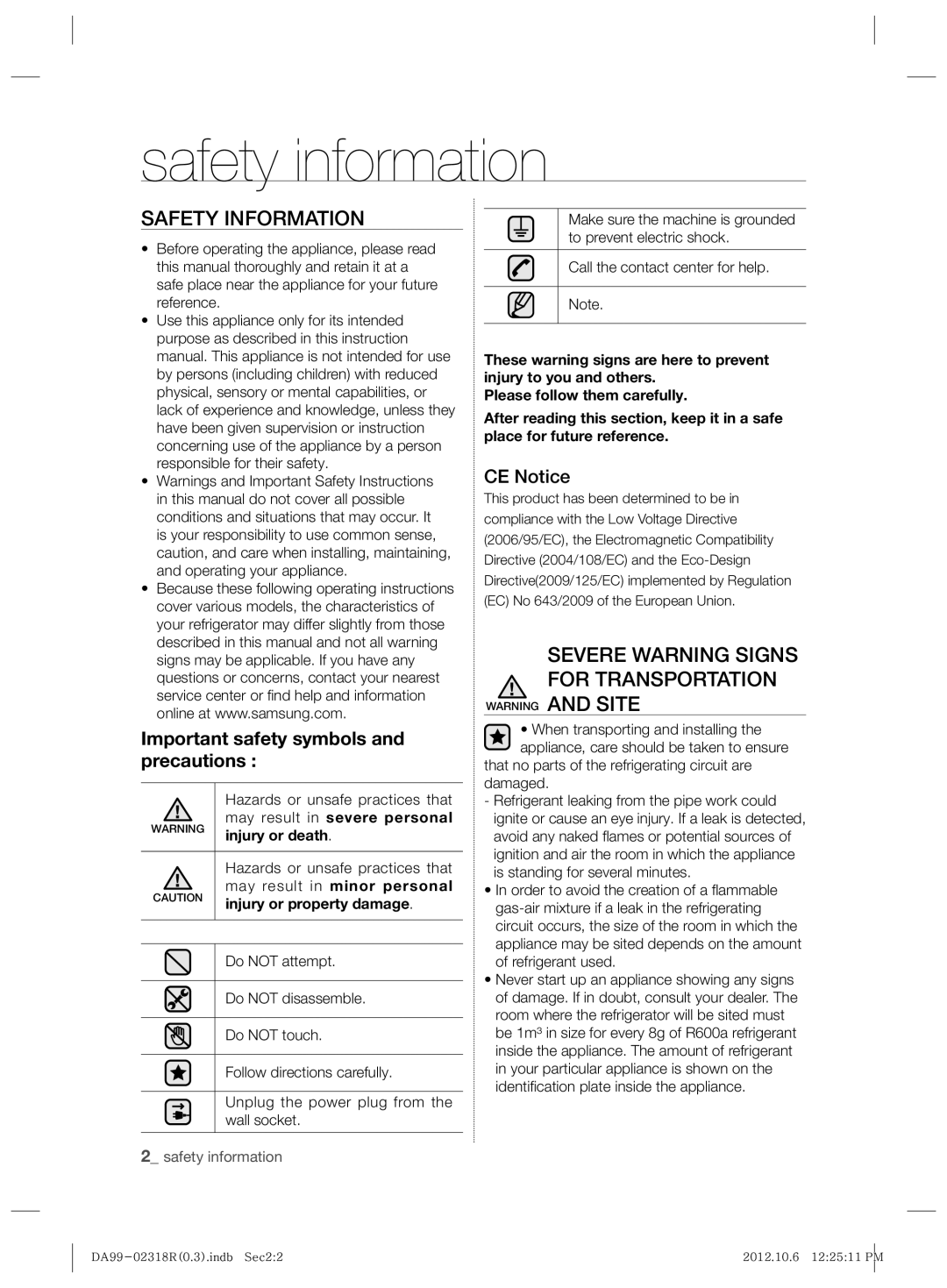 Samsung RSH5PTPN1/EUR manual Safety information, Safety Information, Severe Warning Signs for Transportation, CE Notice 