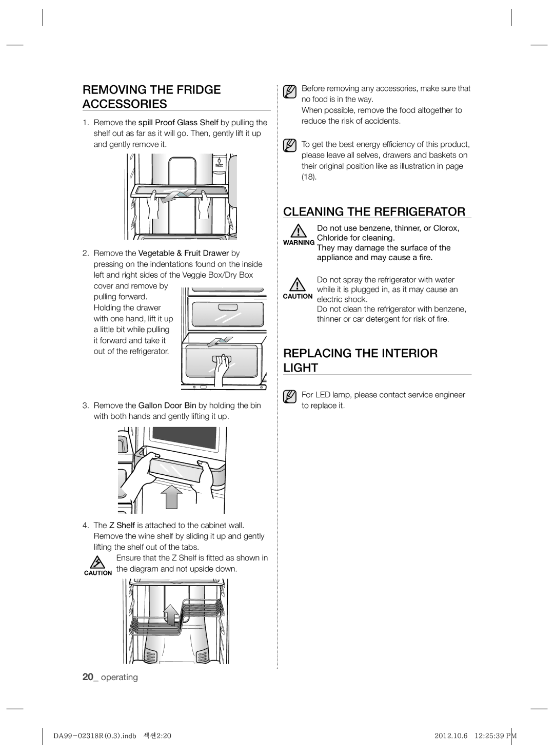 Samsung RSH5PTPN1/EUR manual Removing the Fridge Accessories, Cleaning the Refrigerator, Replacing the Interior Light 