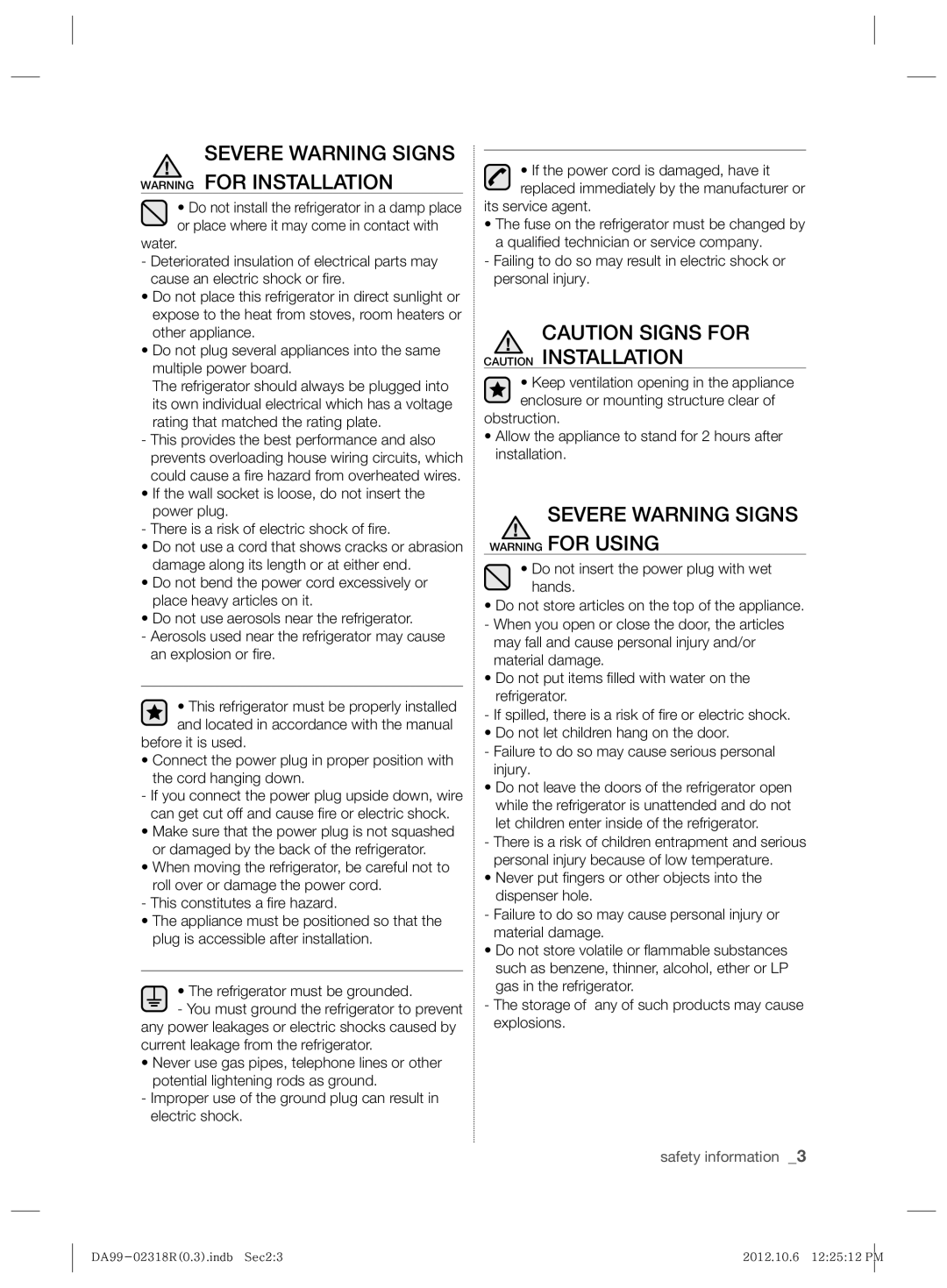 Samsung RSH5PTTS1/EUR, RSH5PTPN1/EUR Severe Warning Signs Warning for Installation, Severe Warning Signs Warning for Using 