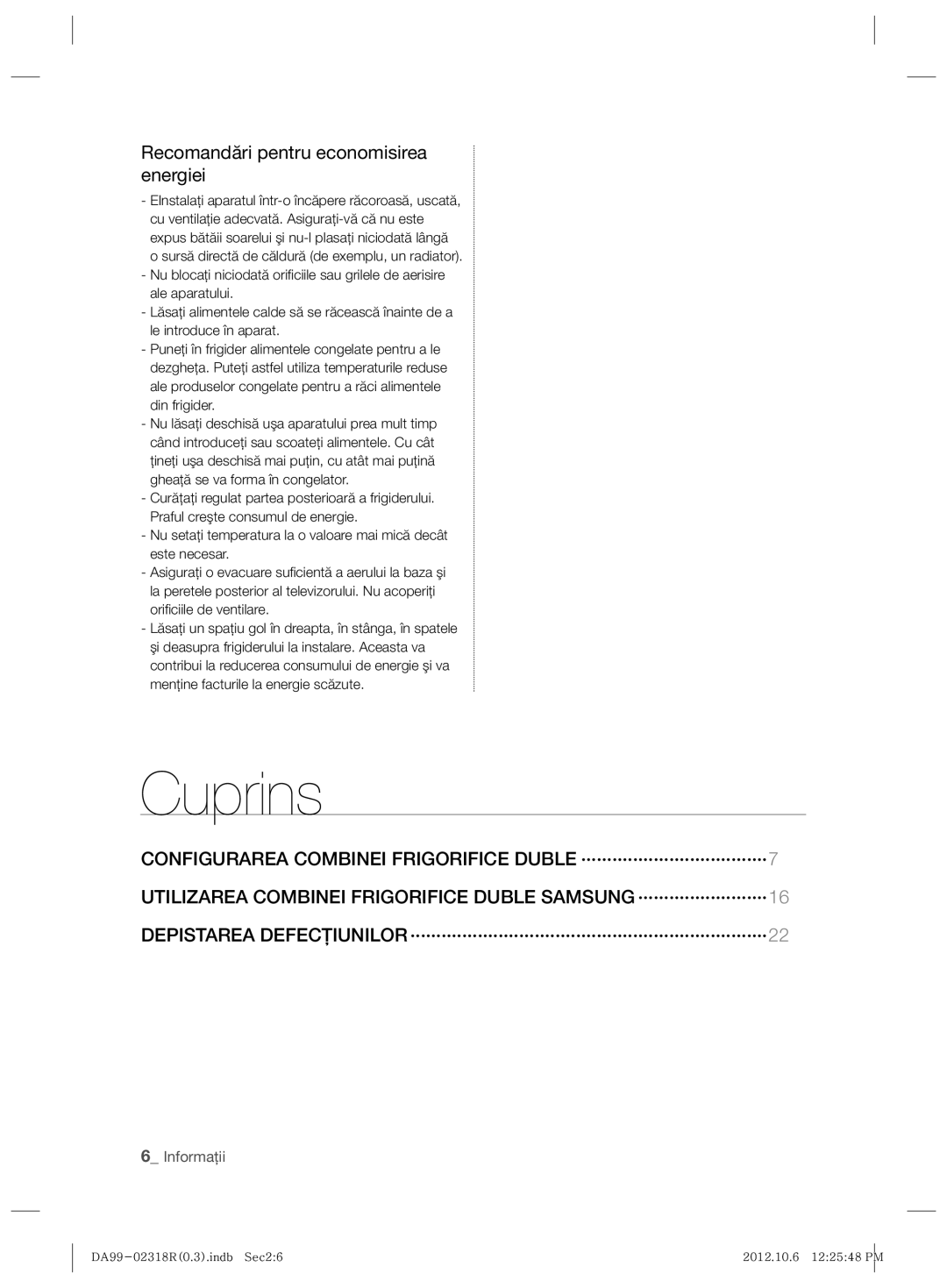 Samsung RSH5PTPN1/EUR, RSH5PTTS1/EUR manual Cuprins, Recomandări pentru economisirea energiei 