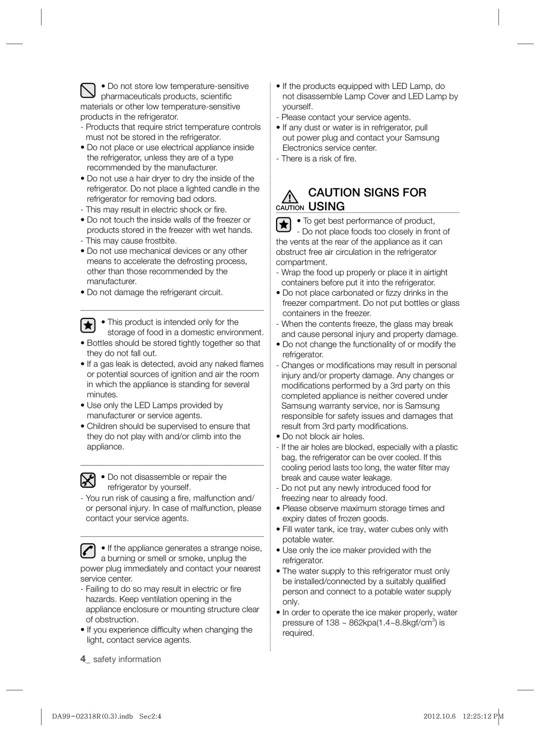 Samsung RSH5PTPN1/EUR, RSH5PTTS1/EUR manual This may result in electric shock or ﬁ re 