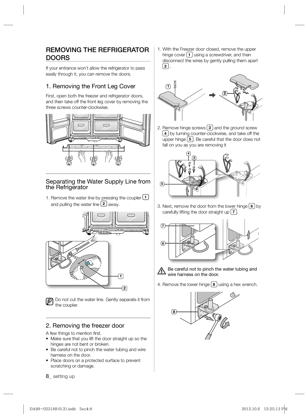 Samsung RSH5PTPN1/EUR manual Removing the Refrigerator Doors, Removing the Front Leg Cover, Removing the freezer door 