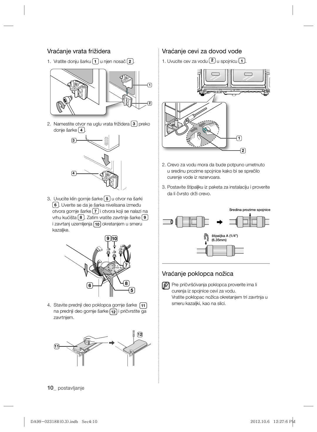 Samsung RSH5PTPN1/EUR, RSH5PTTS1/EUR manual Vraćanje vrata frižidera Vraćanje cevi za dovod vode, Vraćanje poklopca nožica 