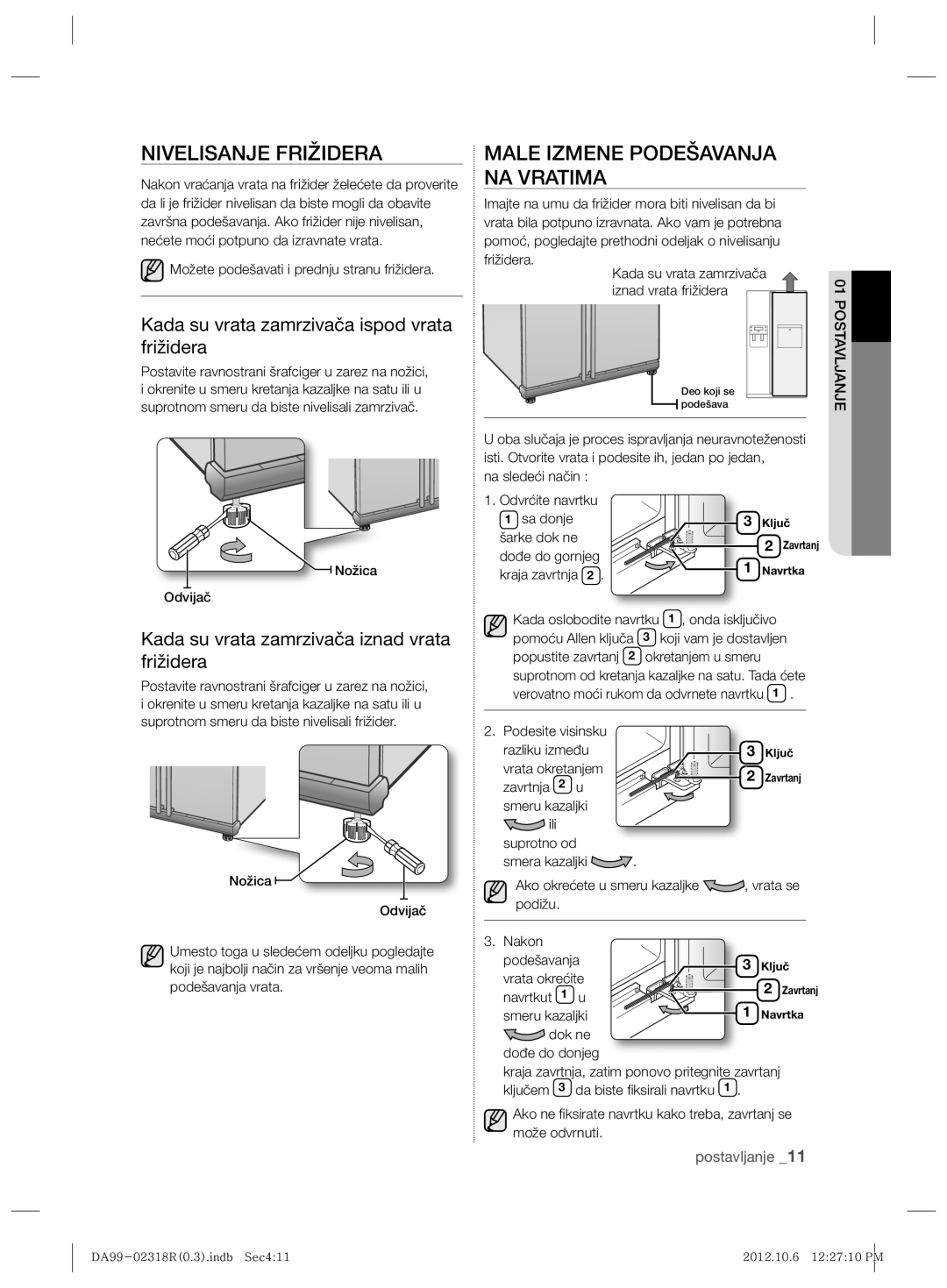 Samsung RSH5PTTS1/EUR, RSH5PTPN1/EUR manual Nivelisanje Frižidera, Male Izmene Podešavanja NA Vratima 