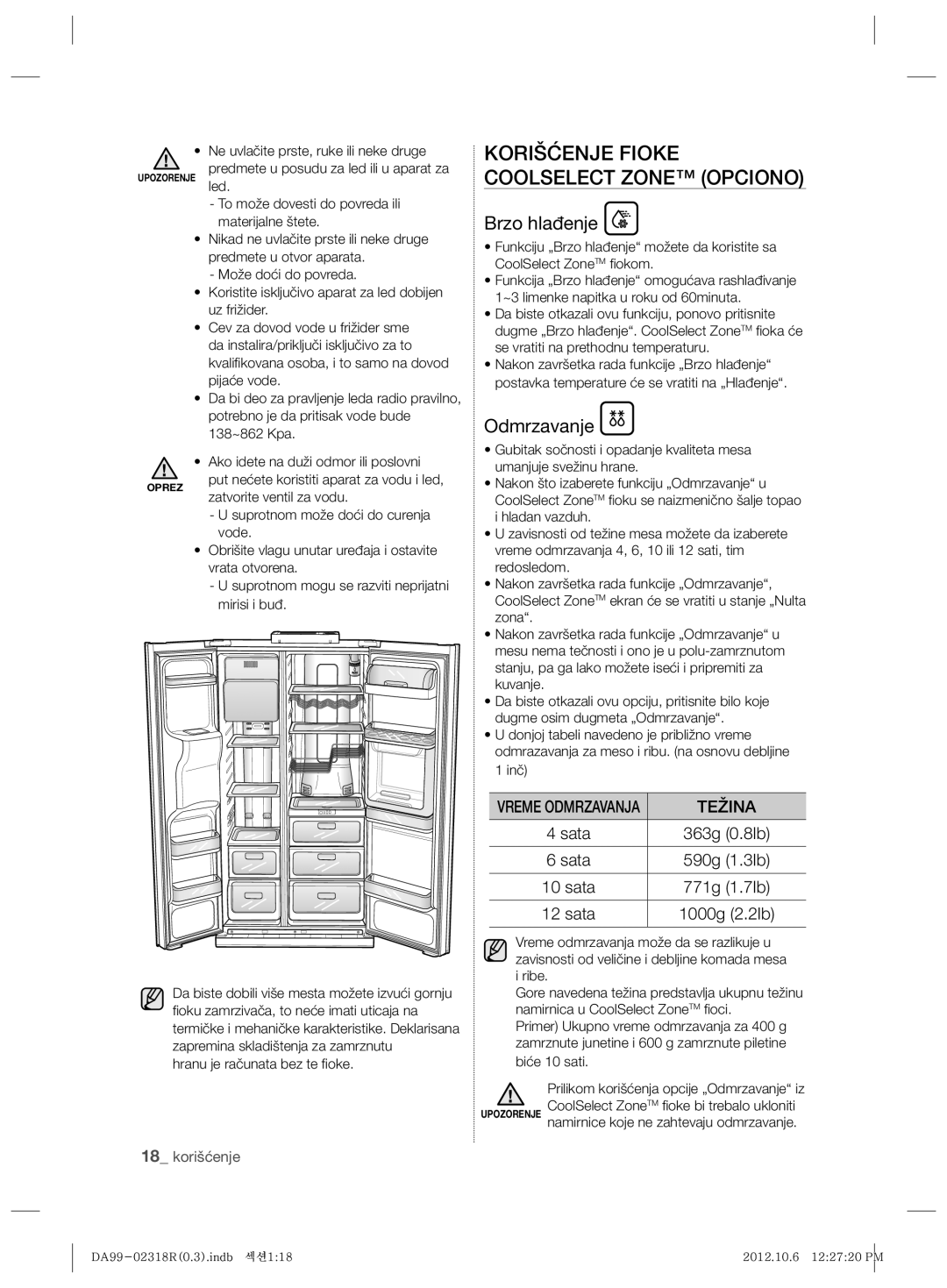 Samsung RSH5PTPN1/EUR, RSH5PTTS1/EUR manual Korišćenje Fioke Coolselect Zone Opciono, Brzo hlađenje, Odmrzavanje, Težina 