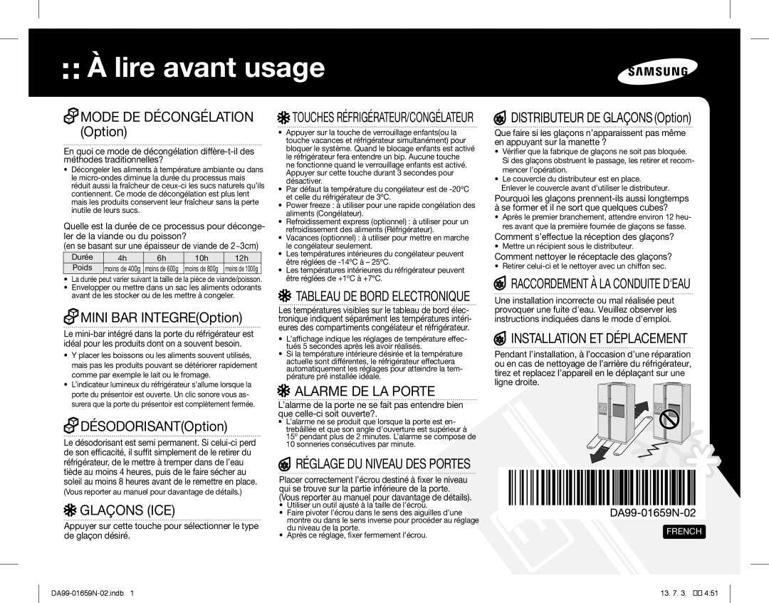 Samsung RSH5ZEPN1/XEF, RSH5PTRS1/XEF, RSH5ZEMH1/XEF manual Glaçons ICE, Alarme DE LA Porte, Installation ET Déplacement 