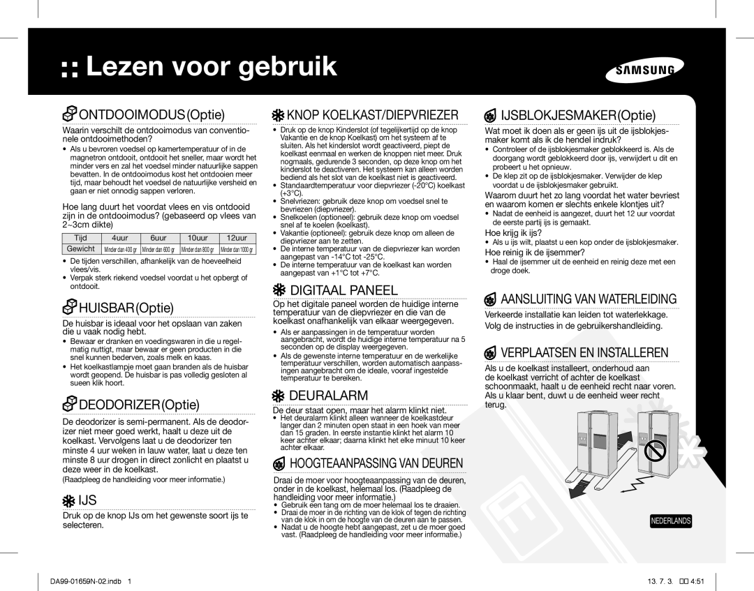 Samsung RSH5UEPN1/XEF manual Ijs, Digitaal Paneel, Deuralarm, Aansluiting VAN Waterleiding, Verplaatsen EN Installeren 