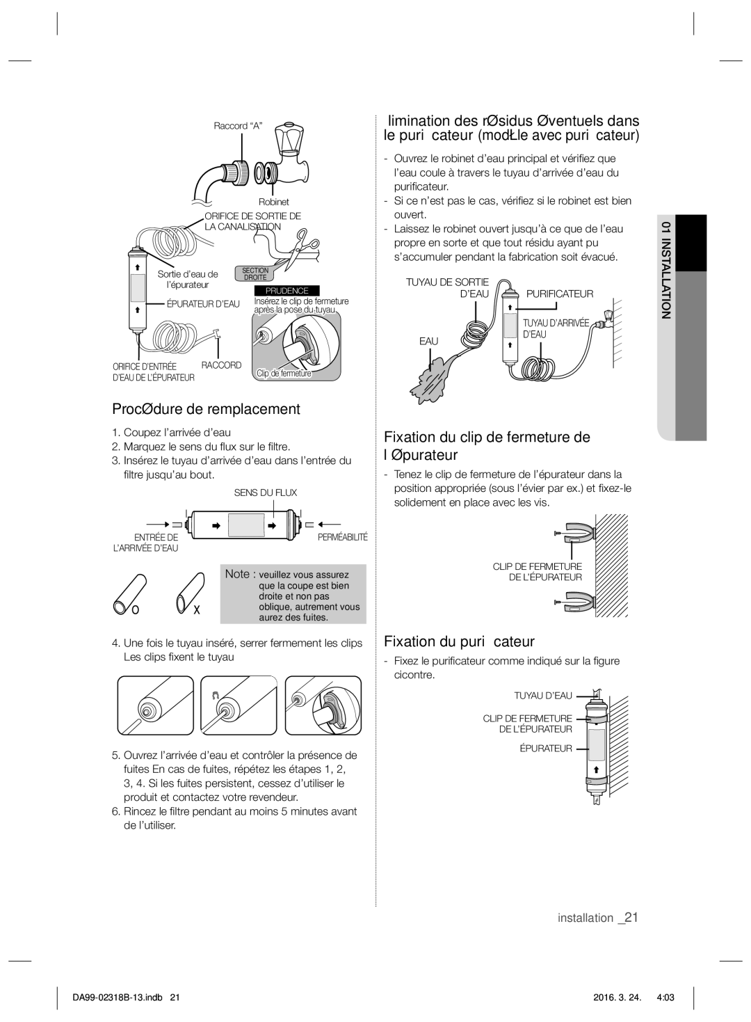 Samsung RSH5UEPN1/XEF Procédure de remplacement, Fixation du clip de fermeture de l’épurateur, Fixation du puriﬁcateur 