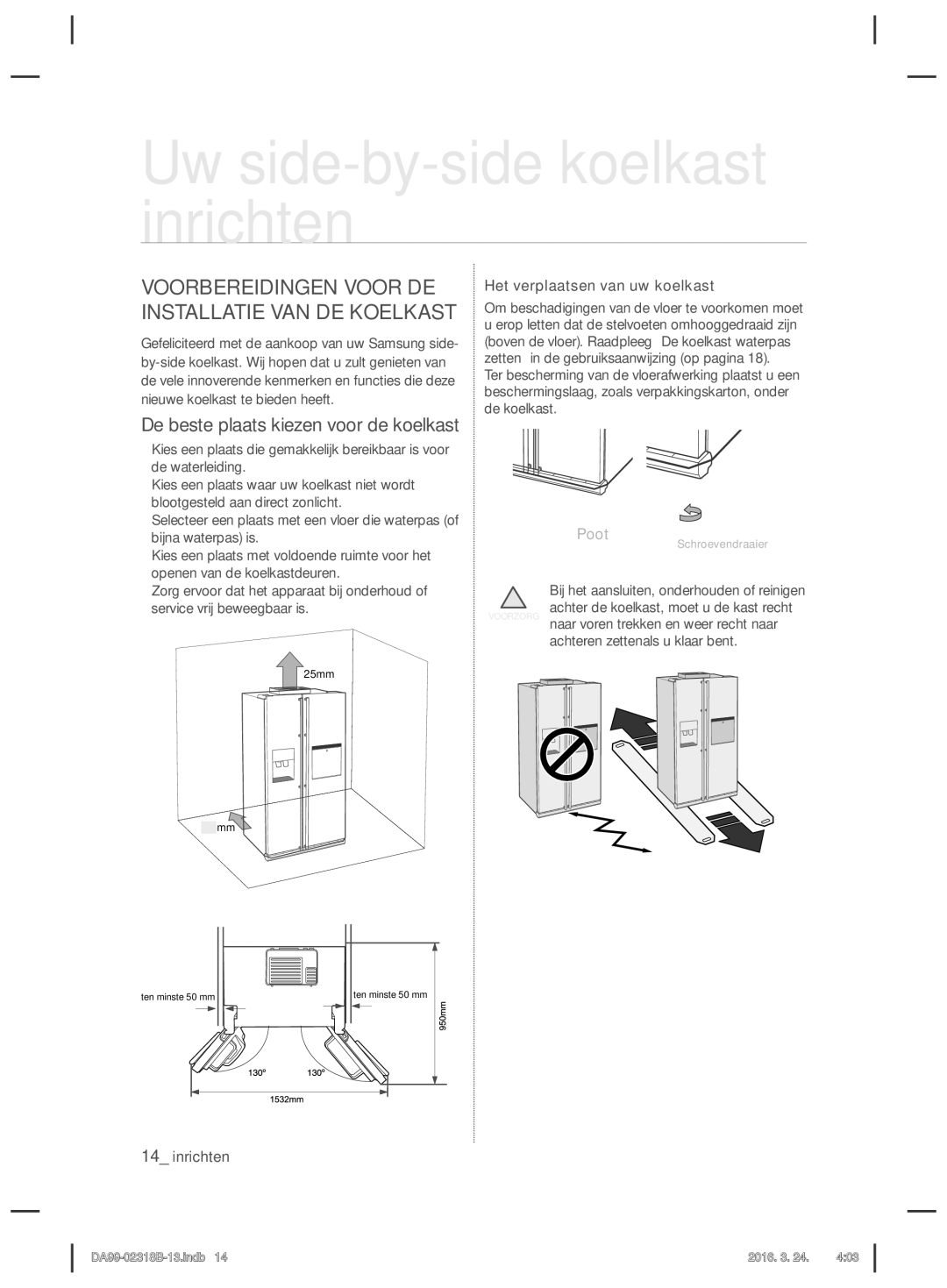 Samsung RSH5TERS1/XEF manual Voorbereidingen Voor DE Installatie VAN DE Koelkast, De beste plaats kiezen voor de koelkast 