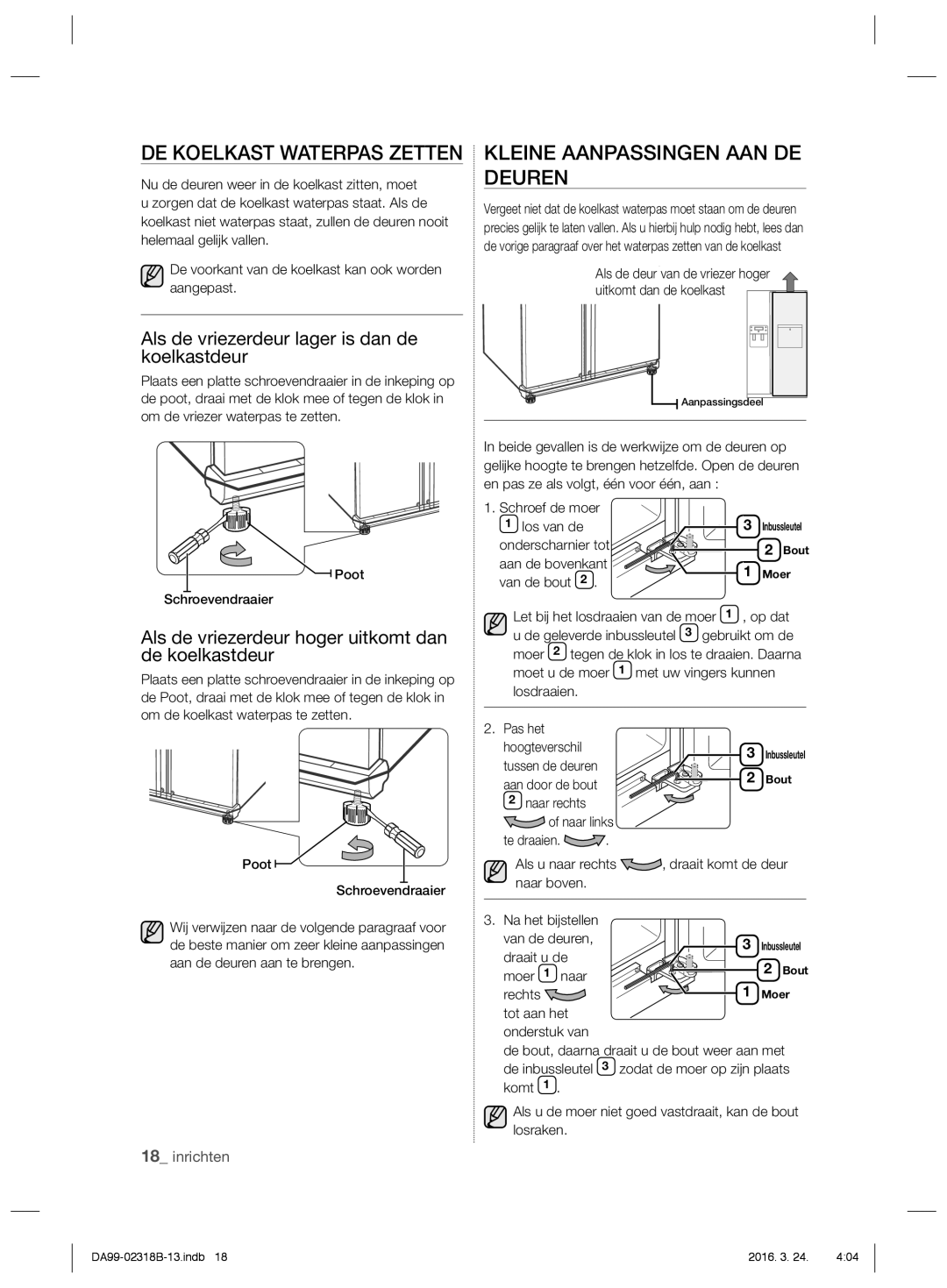 Samsung RSH5ZEMH1/XEF, RSH5PTRS1/XEF, RSH5ZEPN1/XEF manual DE Koelkast Waterpas Zetten, Kleine Aanpassingen AAN DE Deuren 