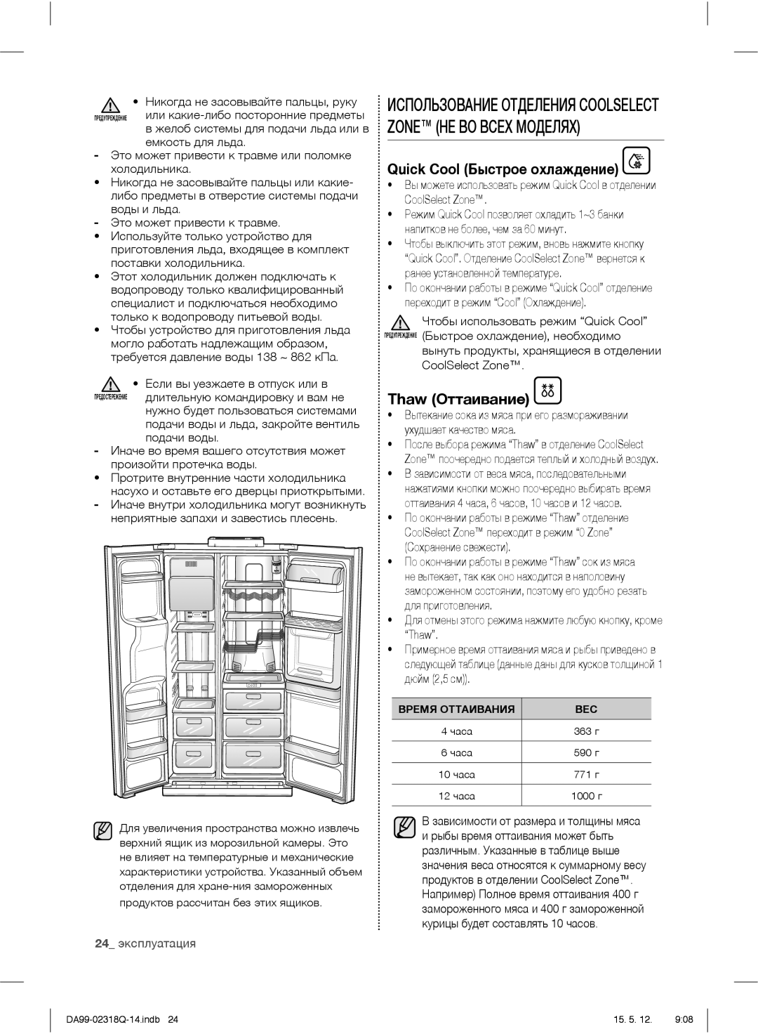 Samsung RSH5SLMR1/BWT, RSH5ZLMR1/BWT, RSH5SBPN1/BWT, RSH5SLBG1/BWT manual Quick Cool Быстрое охлаждение, Thaw Оттаивание 