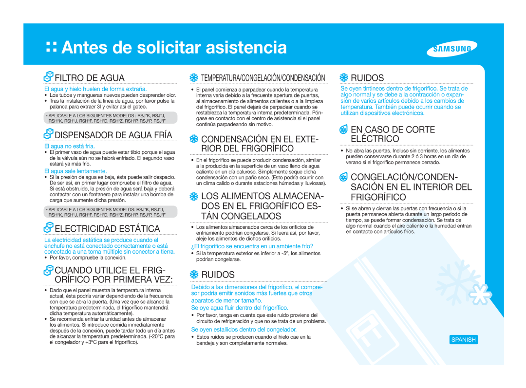 Samsung RSH7UNPN1/XES manual Antes de solicitar asistencia, Filtro De Agua, Ruidos, Dispensador De Agua Fría, Spanish 