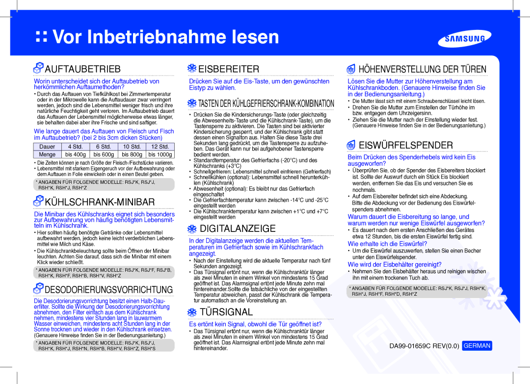 Samsung RSH5PUPN1/XEG manual Auftaubetrieb Eisbereiter Höhenverstellung DER Türen, Kühlschrank-Minibar, Digitalanzeige 