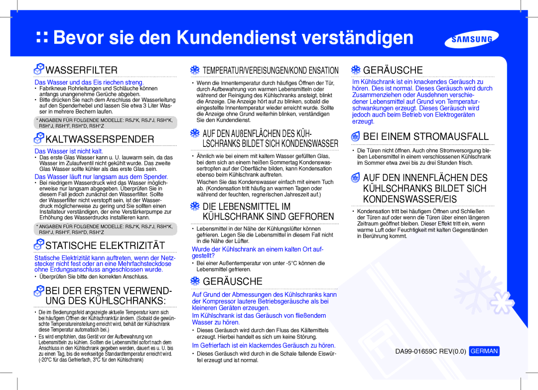 Samsung RSH5TERS1/XEG manual Wasserfilter, Kaltwasserspender, Statische Elektrizität, Geräusche, BEI Einem Stromausfall 