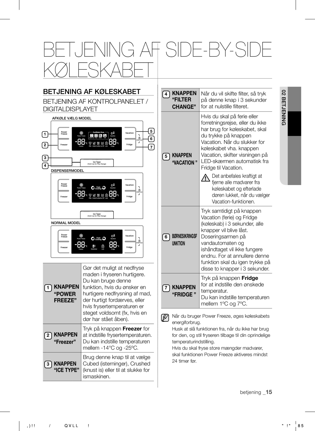 Samsung RSH5UTPN1/XEE manual Betjening AF Køleskabet, Betjening AF Kontrolpanelet / Digitaldisplayet 