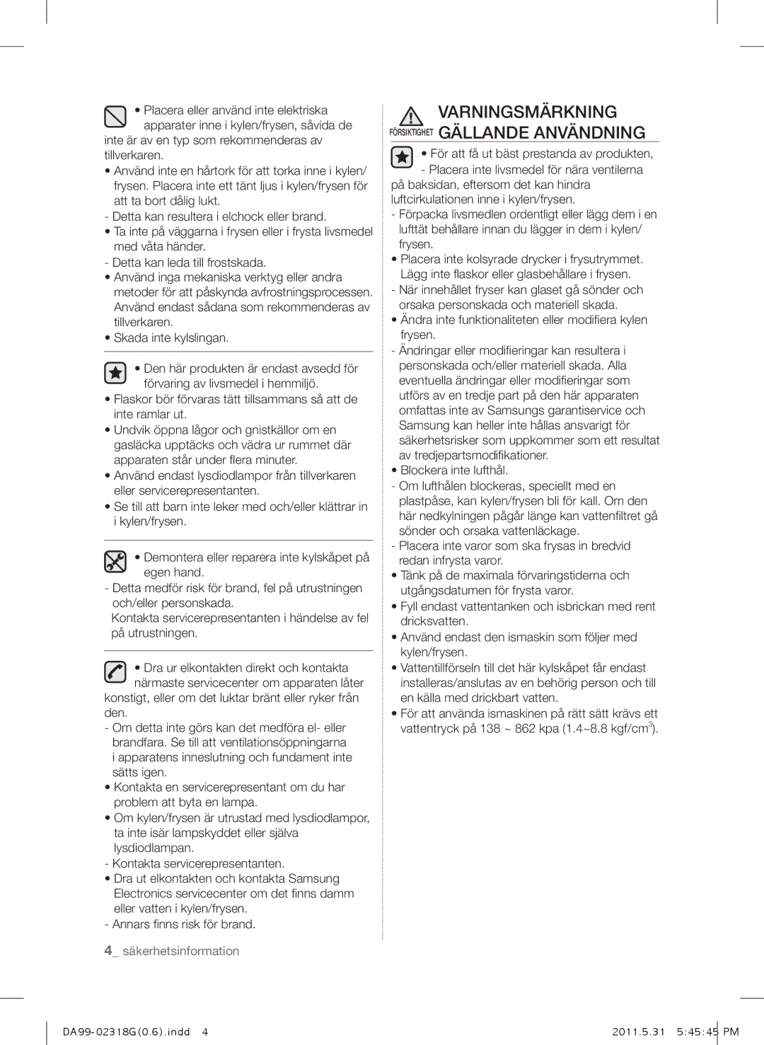 Samsung RSH5UTPN1/XEE manual Varningsmärkning Försiktighet Gällande Användning 