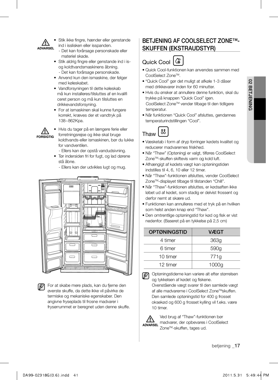 Samsung RSH5UTPN1/XEE Betjening AF Coolselect ZONE- Skuffen Ekstraudstyr, Optøningstid Vægt, Timer 363g 590g 771g 1000g 