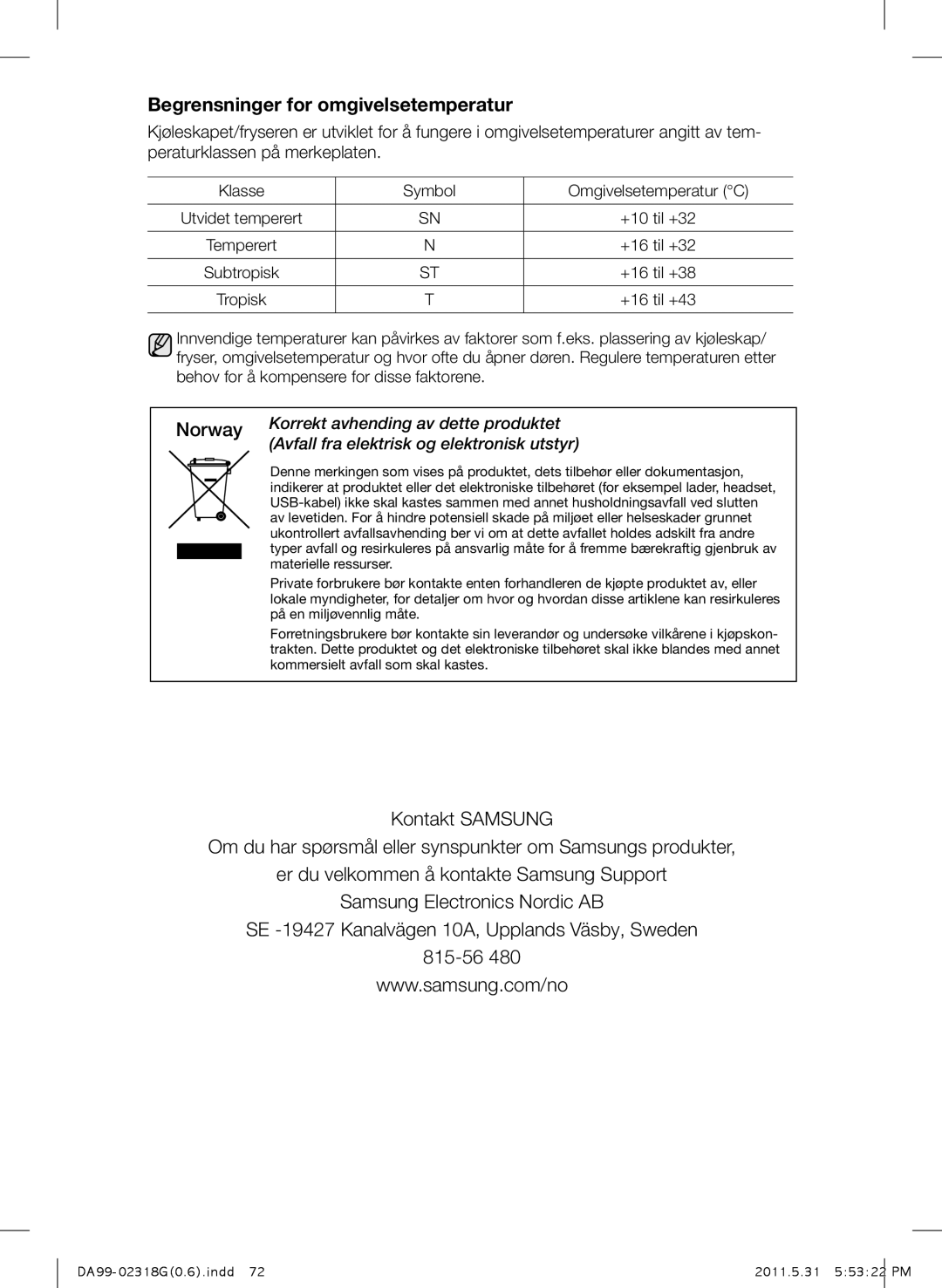 Samsung RSH5UTPN1/XEE manual Norway, Korrekt avhending av dette produktet, Avfall fra elektrisk og elektronisk utstyr 