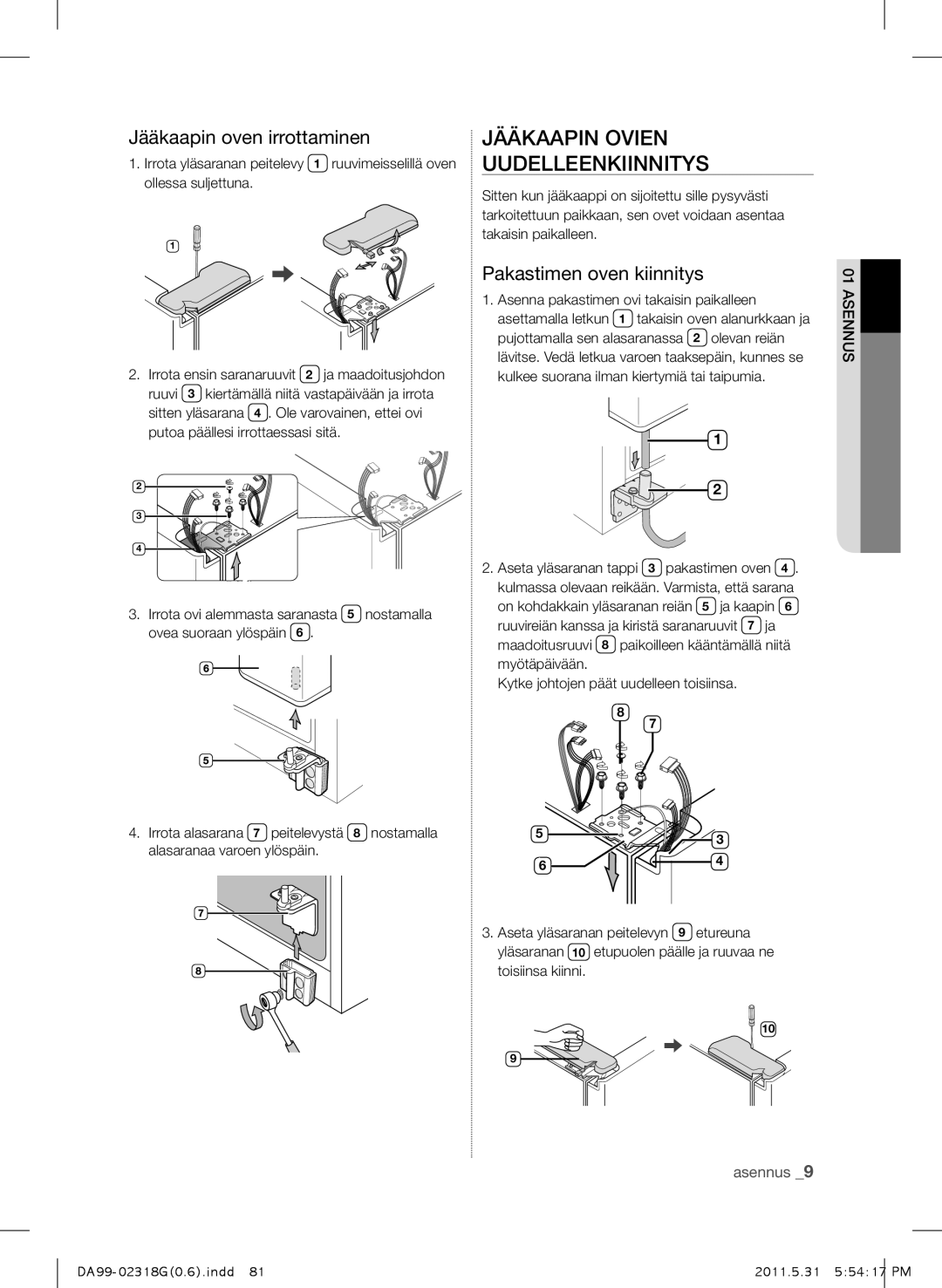 Samsung RSH5UTPN1/XEE manual Jääkaapin Ovien Uudelleenkiinnitys, Jääkaapin oven irrottaminen, Pakastimen oven kiinnitys 