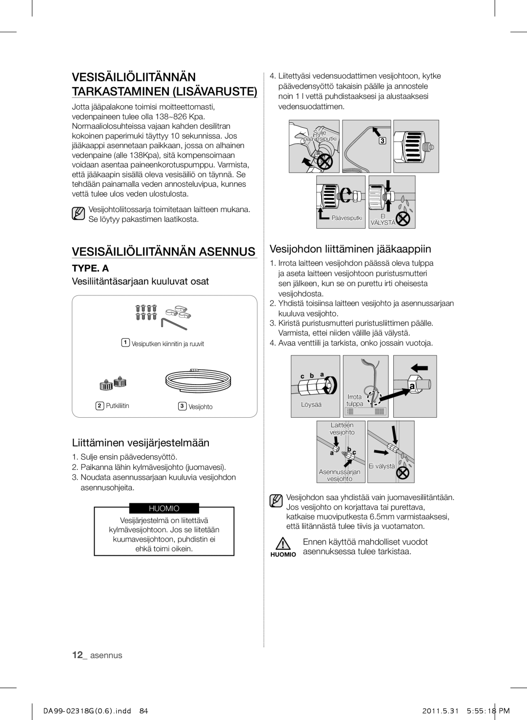 Samsung RSH5UTPN1/XEE manual Vesisäiliöliitännän Tarkastaminen Lisävaruste, Vesisäiliöliitännän Asennus 