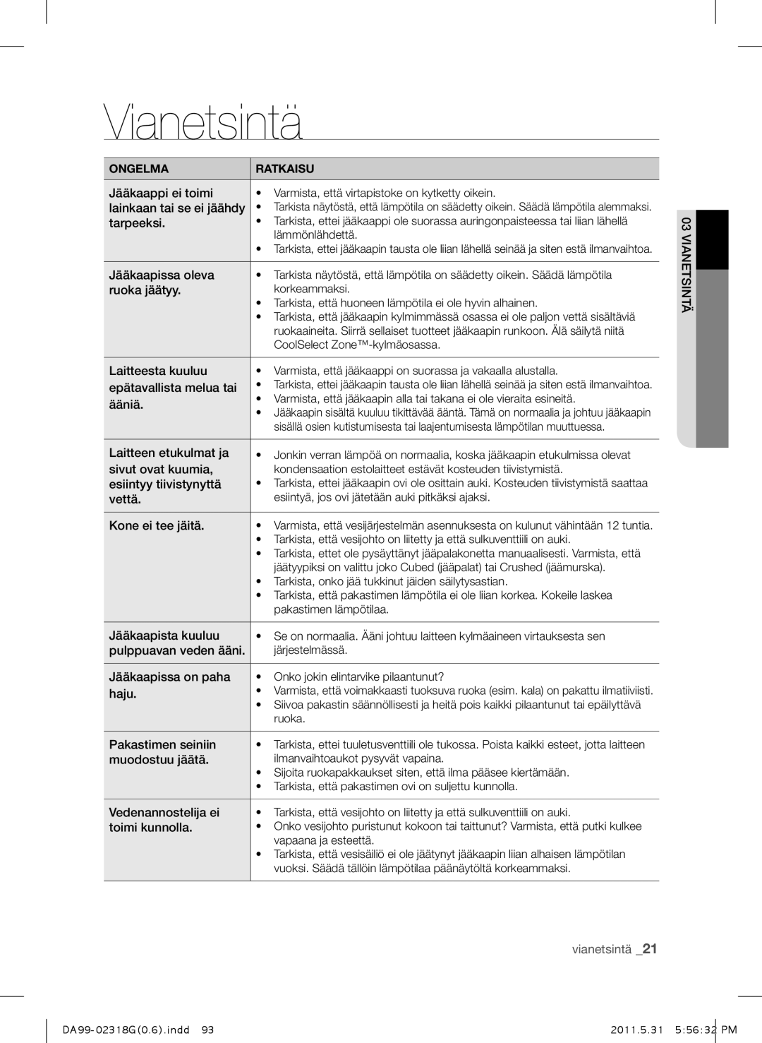 Samsung RSH5UTPN1/XEE manual Vianetsintä 