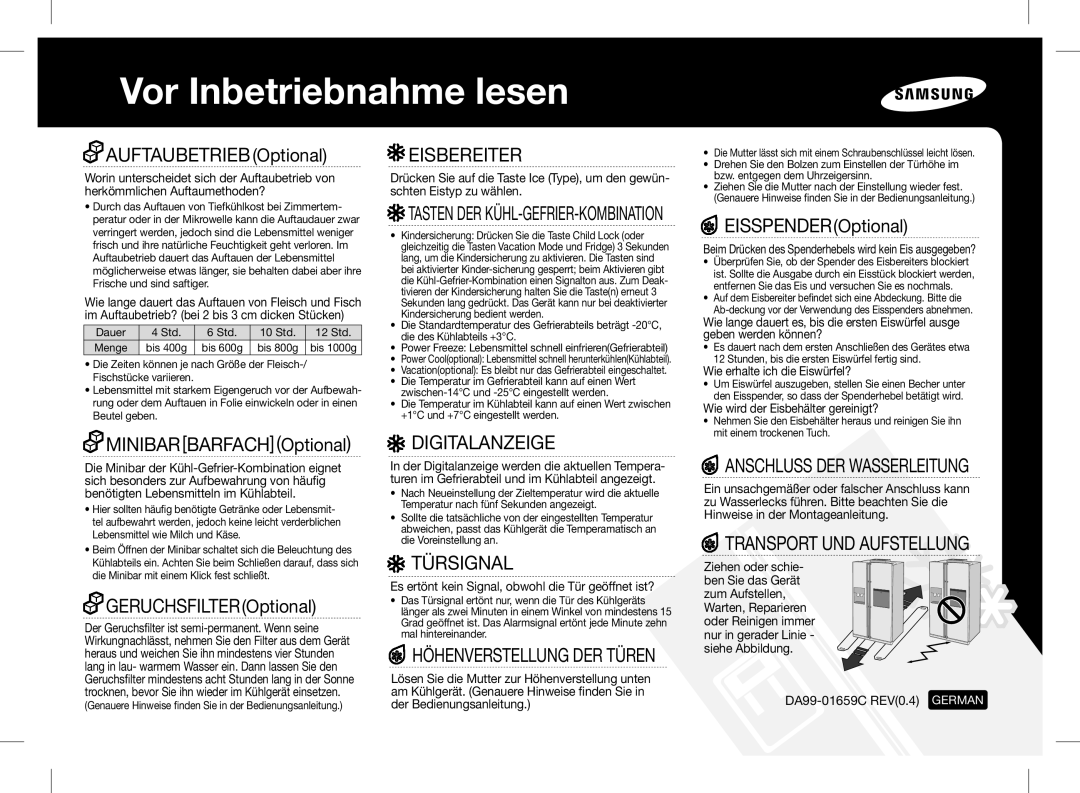 Samsung RSH1SHPE1/XEG manual Digitalanzeige, Türsignal, Anschluss DER Wasserleitung, Transport UND Aufstellung 