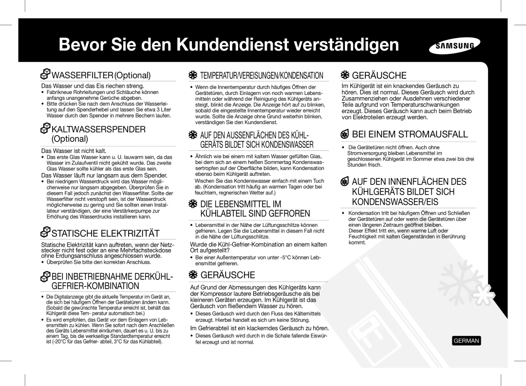 Samsung RSH1UHPE1/XEG, RSH5ZEPN1/XEG Statische Elektrizität, Geräusche, BEI Einem Stromausfall, AUF DEN Innenflächen DES 