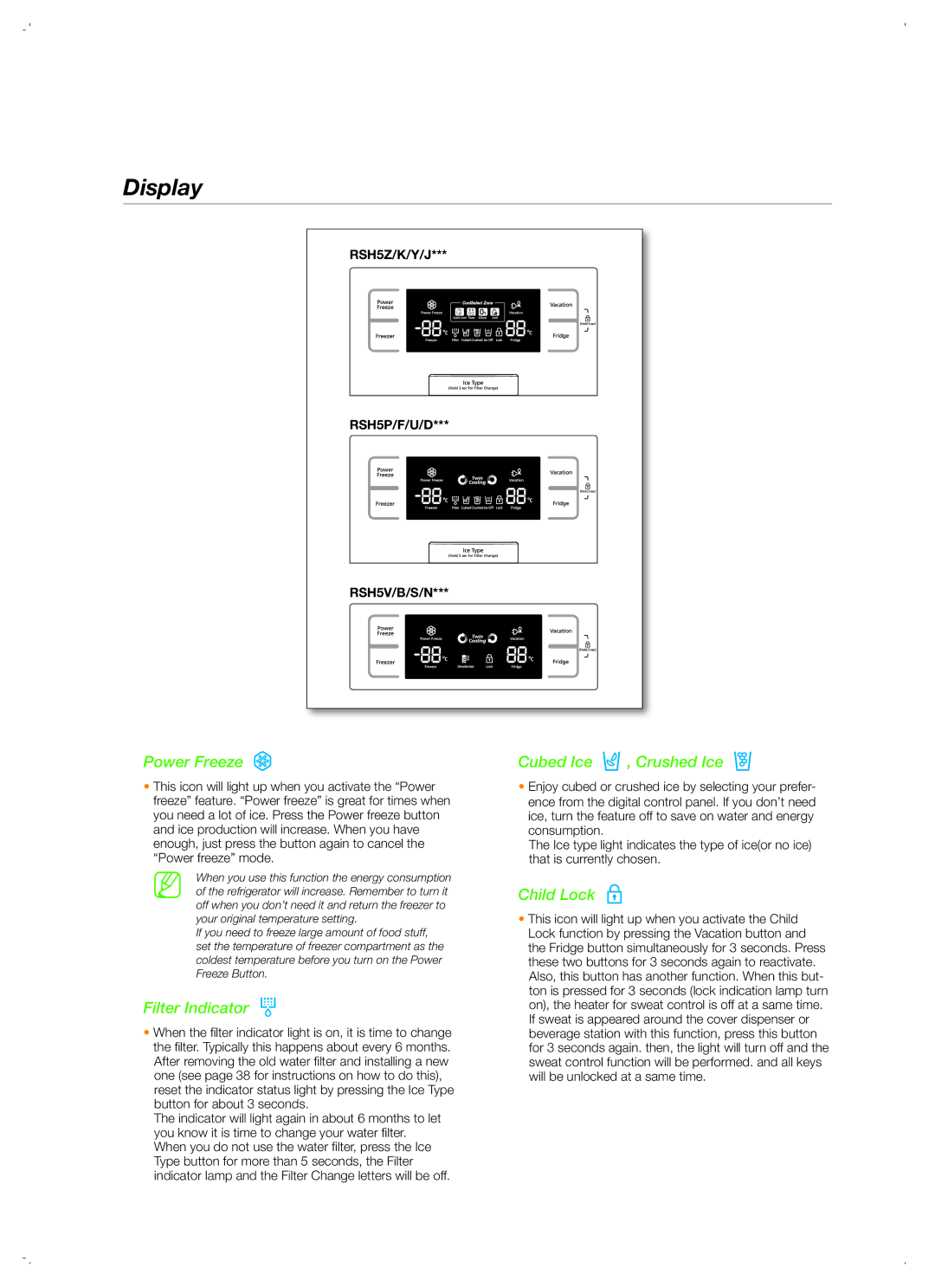 Samsung RSH5UUPN1/XEG, RSH5ZEPN1/XEG, RSH5PTPN1/EUR, RSH5TERS1/XES, RSH5UTPN1/XEO, RSH5TEPN1/XEG manual Display, Power Freeze 