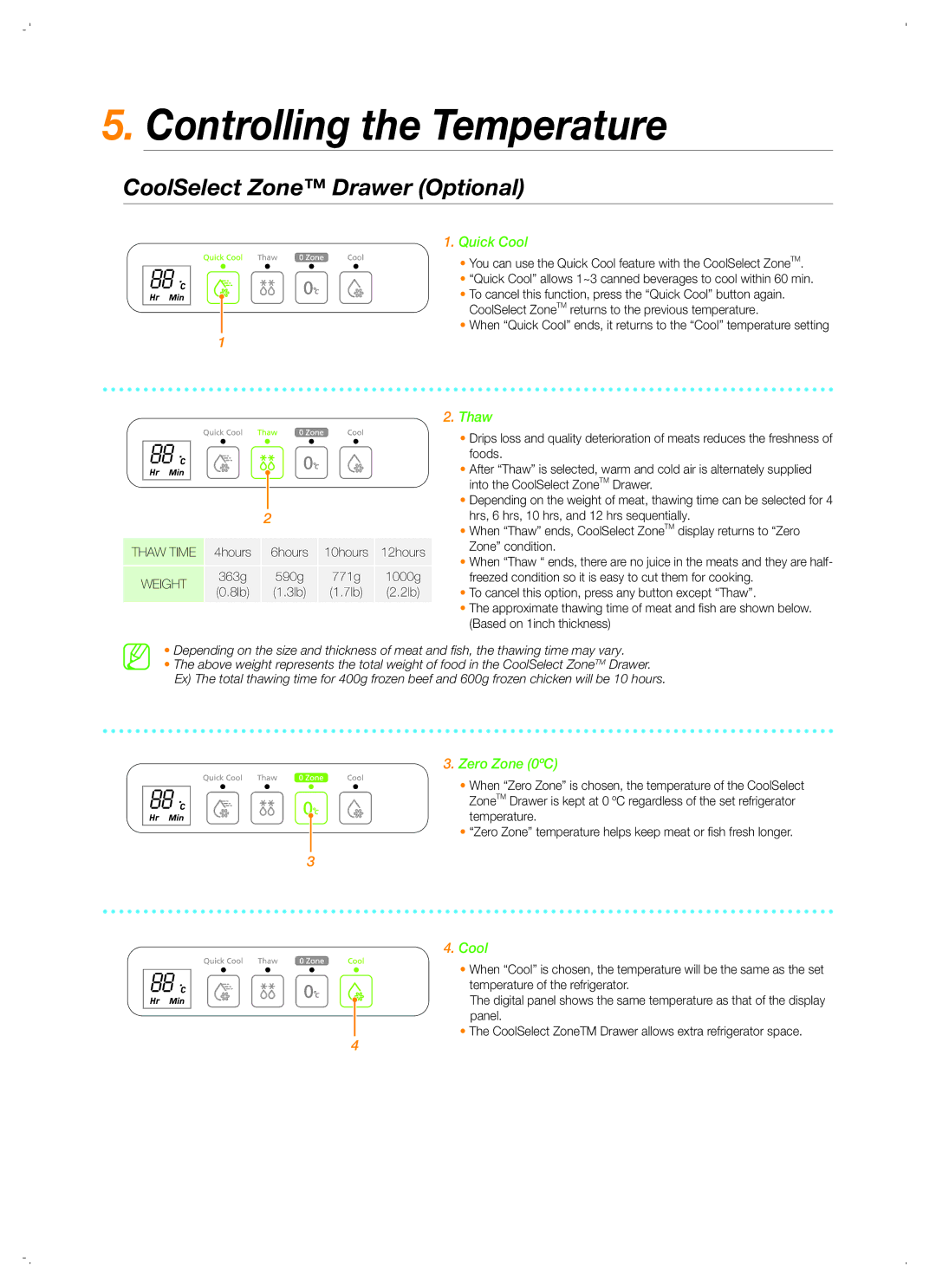 Samsung RSH5UUPN1/XTR, RSH5ZEPN1/XEG, RSH5PTPN1/EUR manual Controlling the Temperature, CoolSelect Zone Drawer Optional 